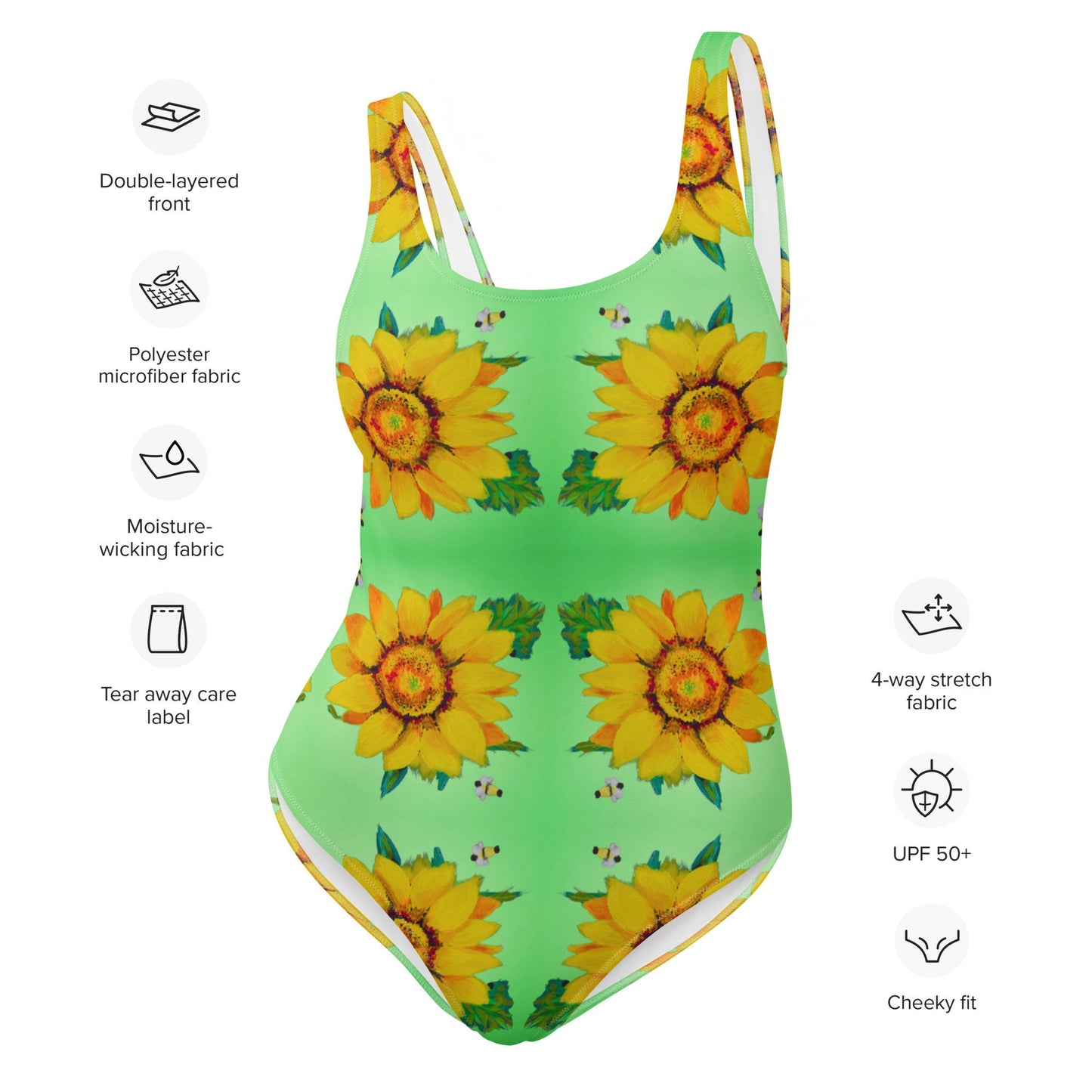 Sunflower Pattern One-Piece Swimsuit, Floral Beach Retro Swimwear, Festival Rave Plus Size Bathing Suit