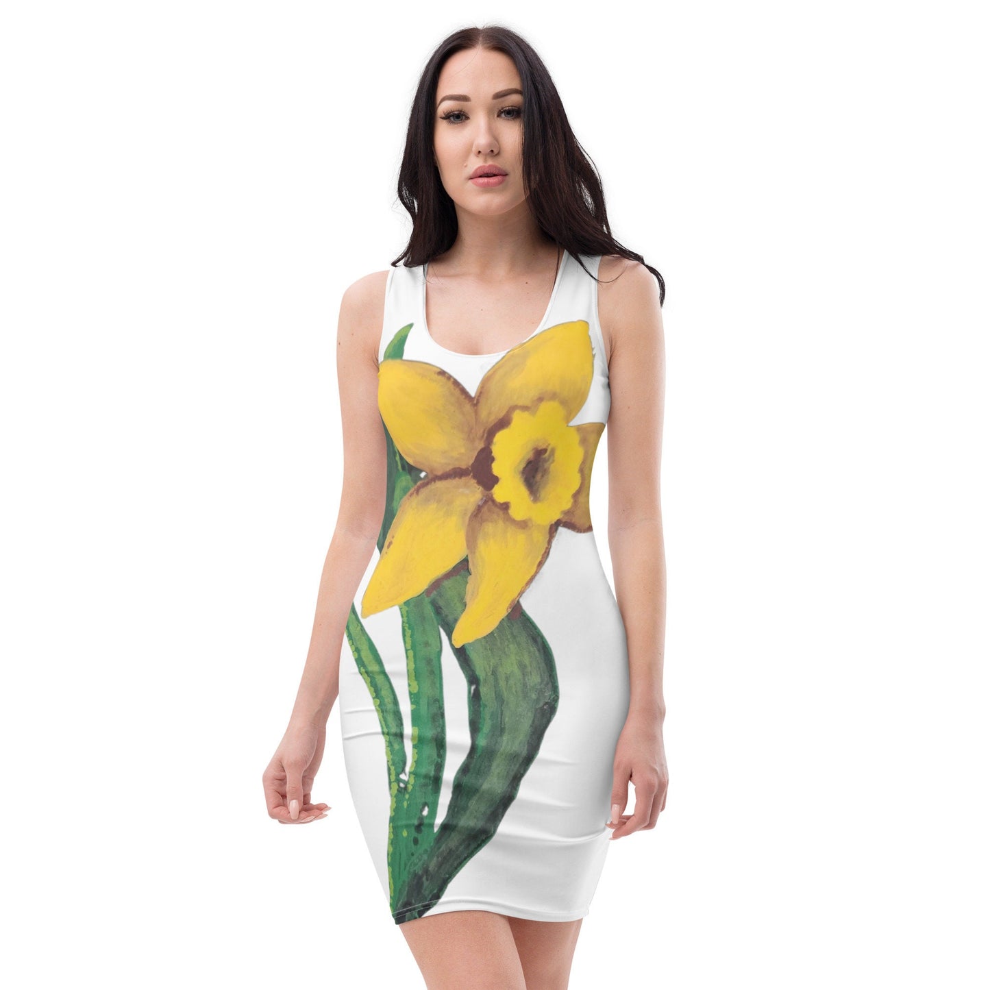 Daffodil Sleeveless Bodycon Dress, Casual Spring Outfit, Tight Club Dress, Floral Secretary Dress