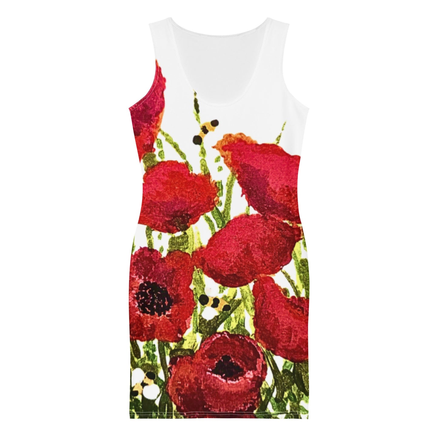 Red Poppy Floral Bodycon Dress, Womens Casual Spring Outfit, Sleeveless Secretary Dress
