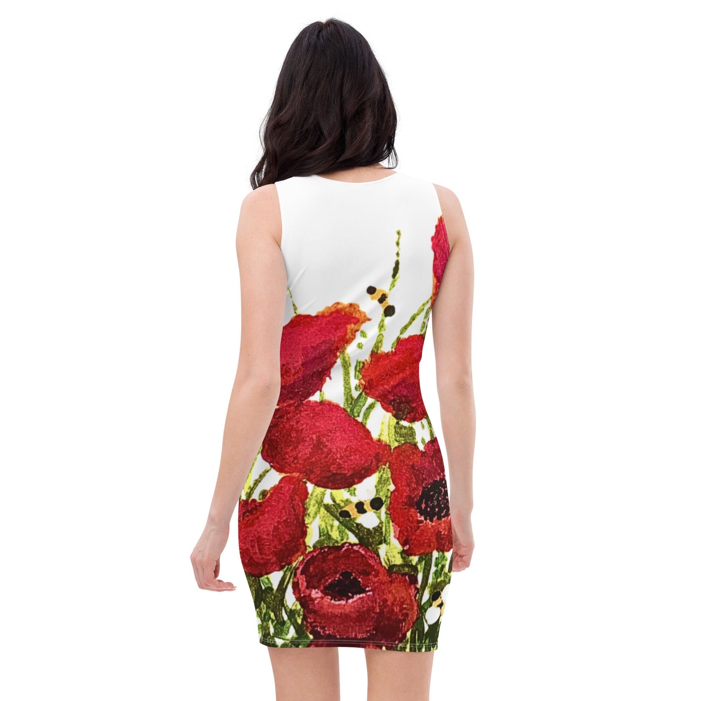 Red Poppy Floral Bodycon Dress, Womens Casual Spring Outfit, Sleeveless Secretary Dress