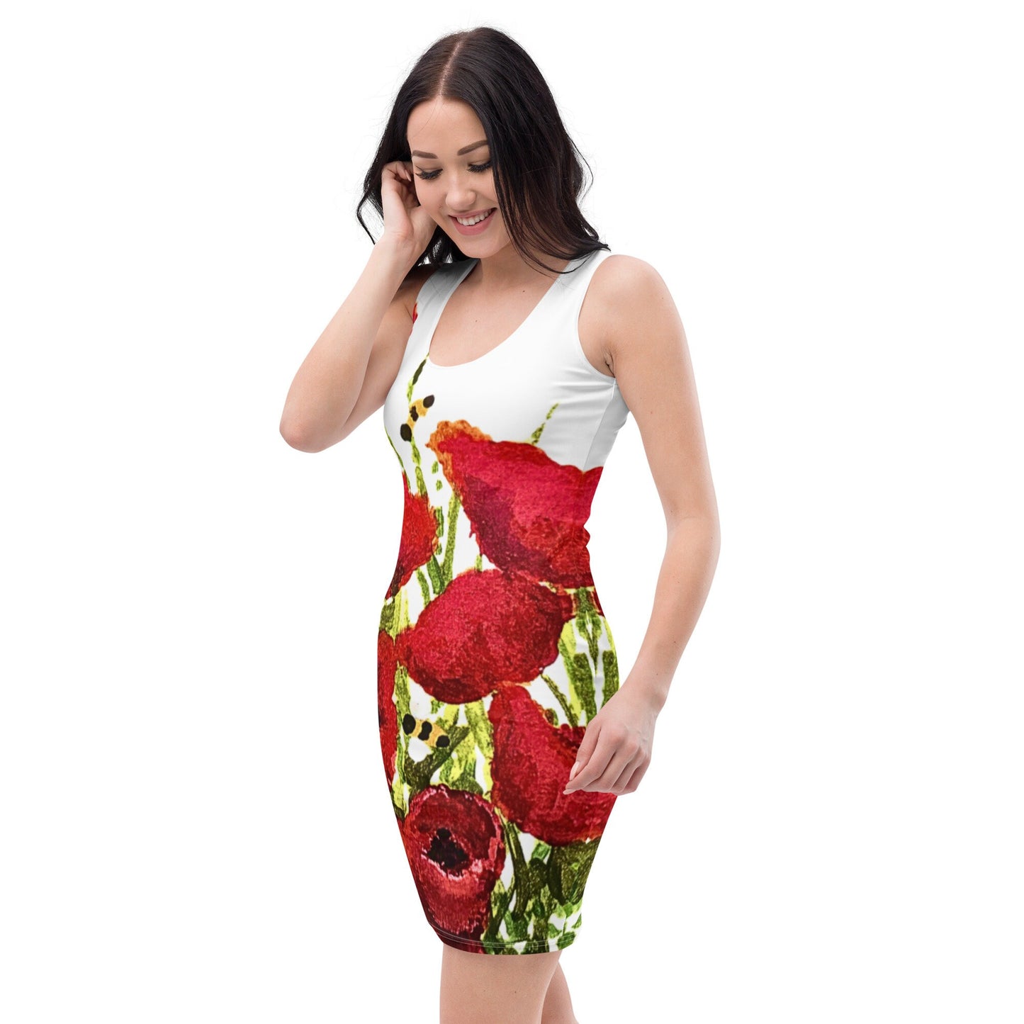 Red Poppy Floral Bodycon Dress, Womens Casual Spring Outfit, Sleeveless Secretary Dress