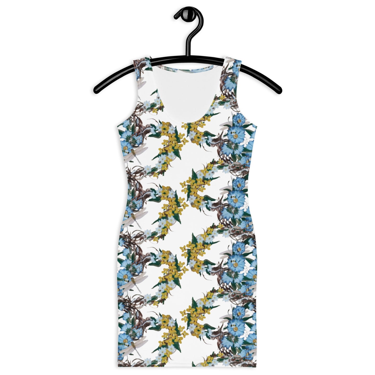 Yellow and Blue Floral Bodycon Dress, Botanical Spring Outfit, Casual Sleeveless Secretary Dress, Tight Club Dress