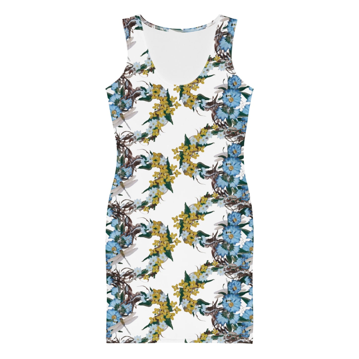 Yellow and Blue Floral Bodycon Dress, Botanical Spring Outfit, Casual Sleeveless Secretary Dress, Tight Club Dress