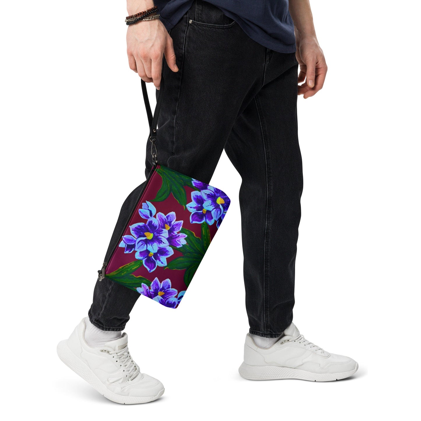 Blue Floral Crossbody Bag with Pockets, Nature Inspired Ziptop Sling Bag, Small Clutch Purse