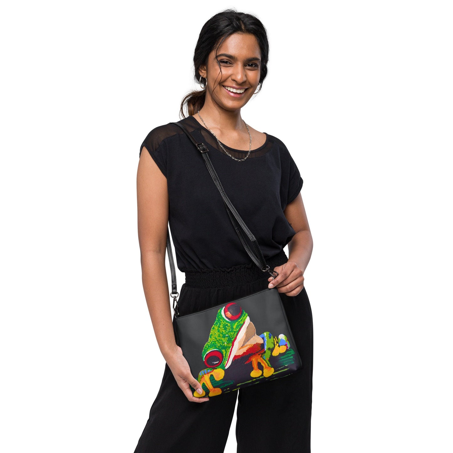 Small Tree Frog Clutch Purse, Trendy Nature Inspired Crossbody Bag with Adjustable Straps, Ziptop Closure Satchel with Pockets