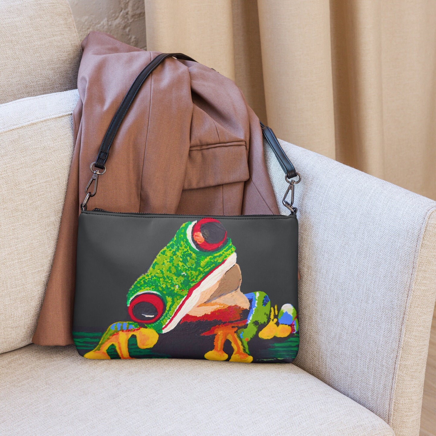 Small Tree Frog Clutch Purse, Trendy Nature Inspired Crossbody Bag with Adjustable Straps, Ziptop Closure Satchel with Pockets