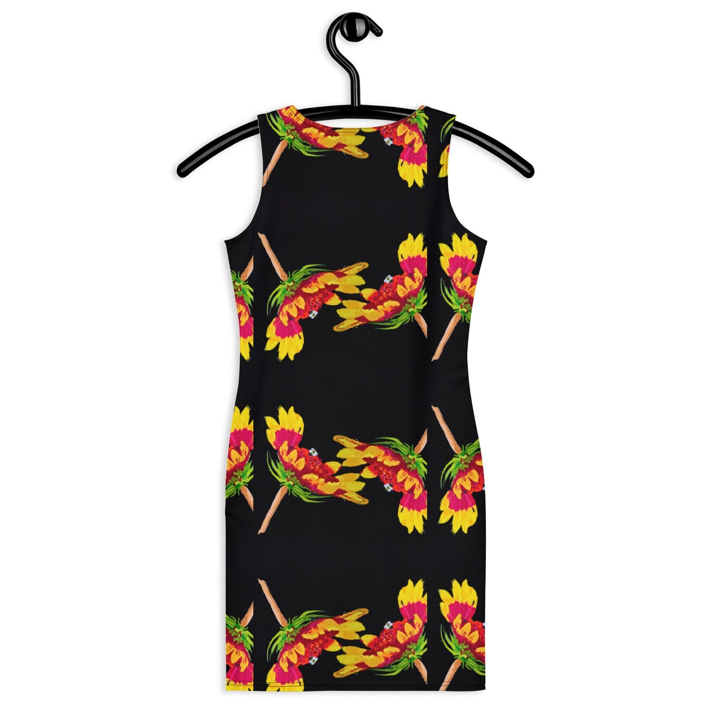 Botanical Black Bodycon Dress, Nature Inspired Club Outfit, Sleeveless Spring Apparel