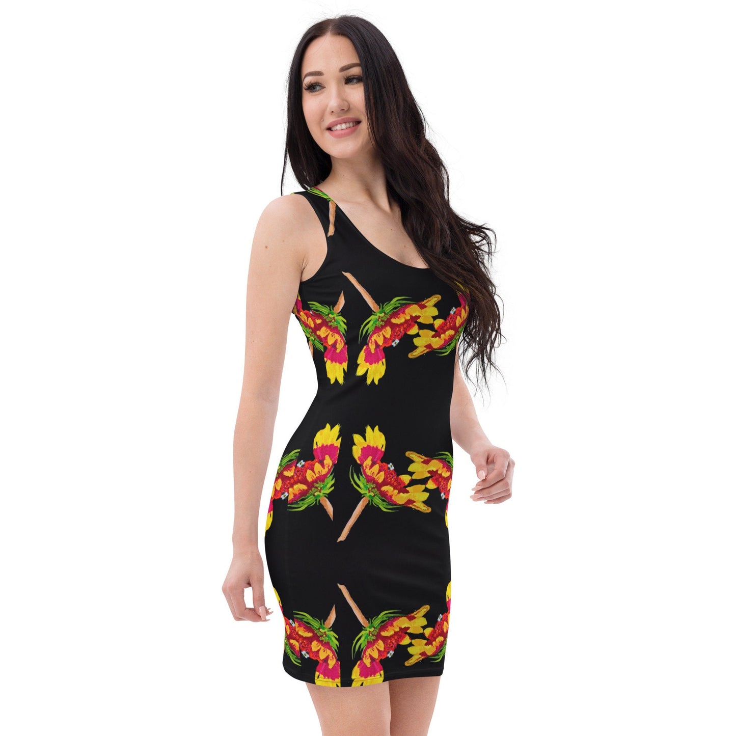 Botanical Black Bodycon Dress, Nature Inspired Club Outfit, Sleeveless Spring Apparel