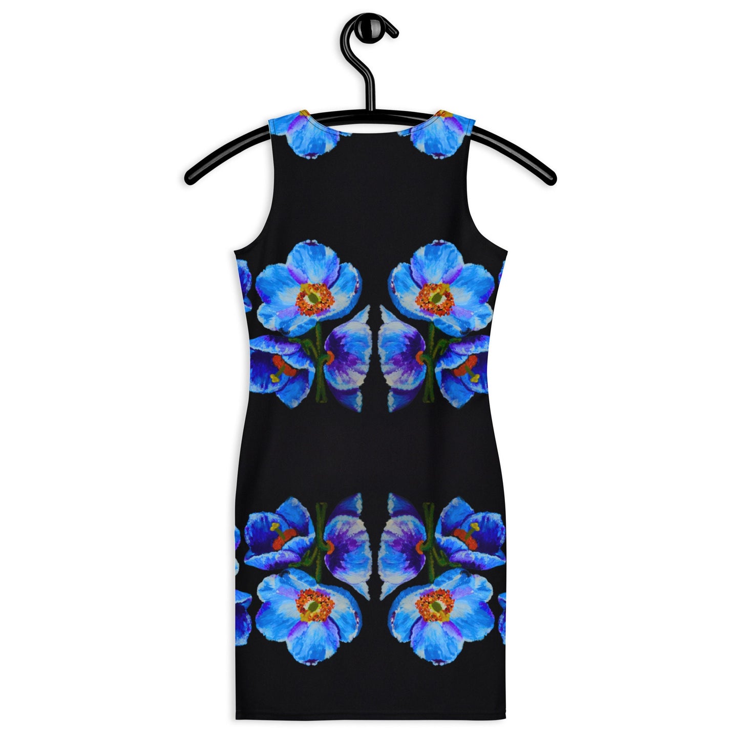 Floral Blue Poppy Bodycon Dress, Sleeveless Wrap Club Outfit, Colorful Spring Apparel