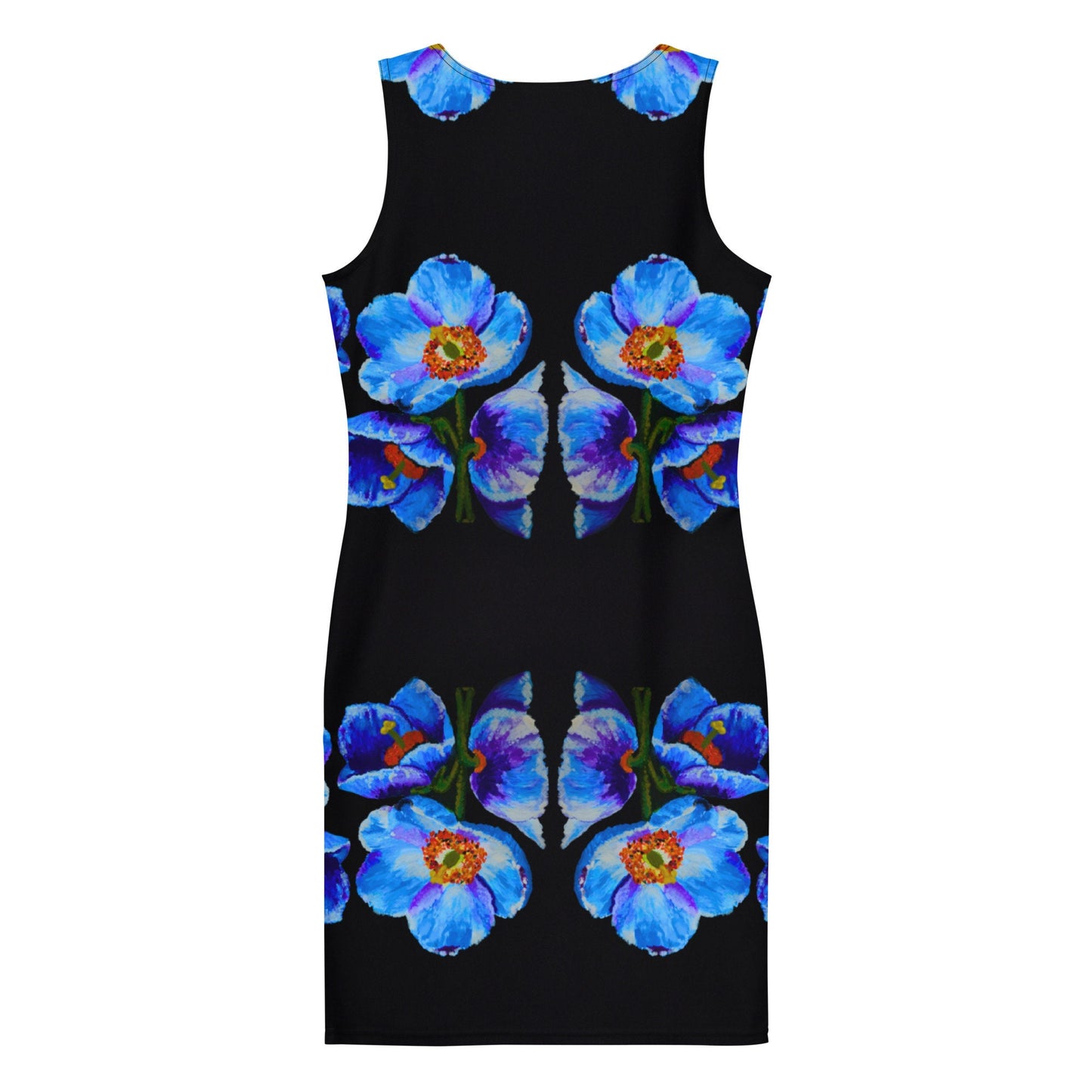 Floral Blue Poppy Bodycon Dress, Sleeveless Wrap Club Outfit, Colorful Spring Apparel