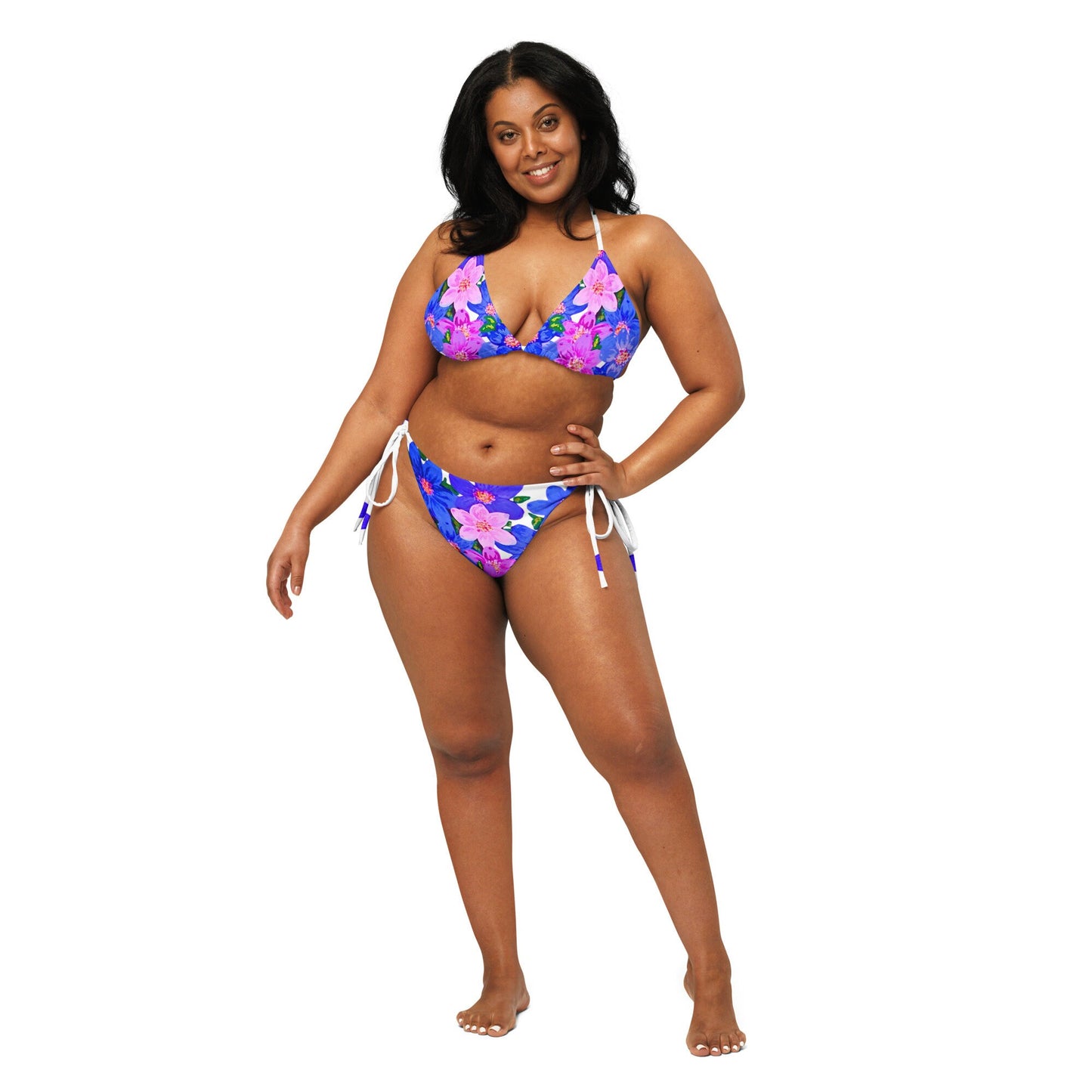 Sexy Floral Blue String Bikini, Plus Size Swimwear, Botanical Two Piece Swimsuit, Ladies Beach Bikini