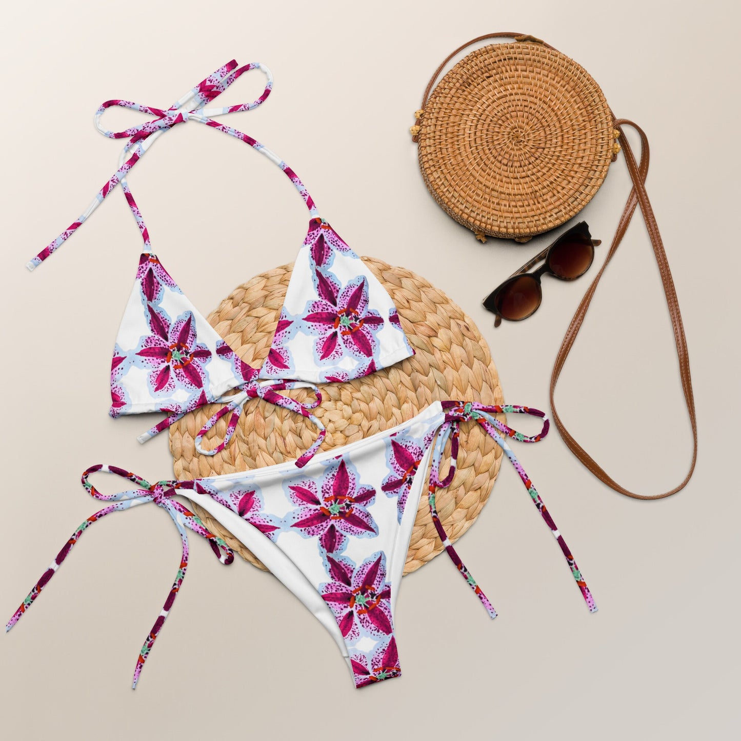 Tiger Lily Flower String Bikini, Two Piece Plus Size Swimsuit, Ladies Botanicl Beach Swimwear, Sexy Floral Bathing Suit