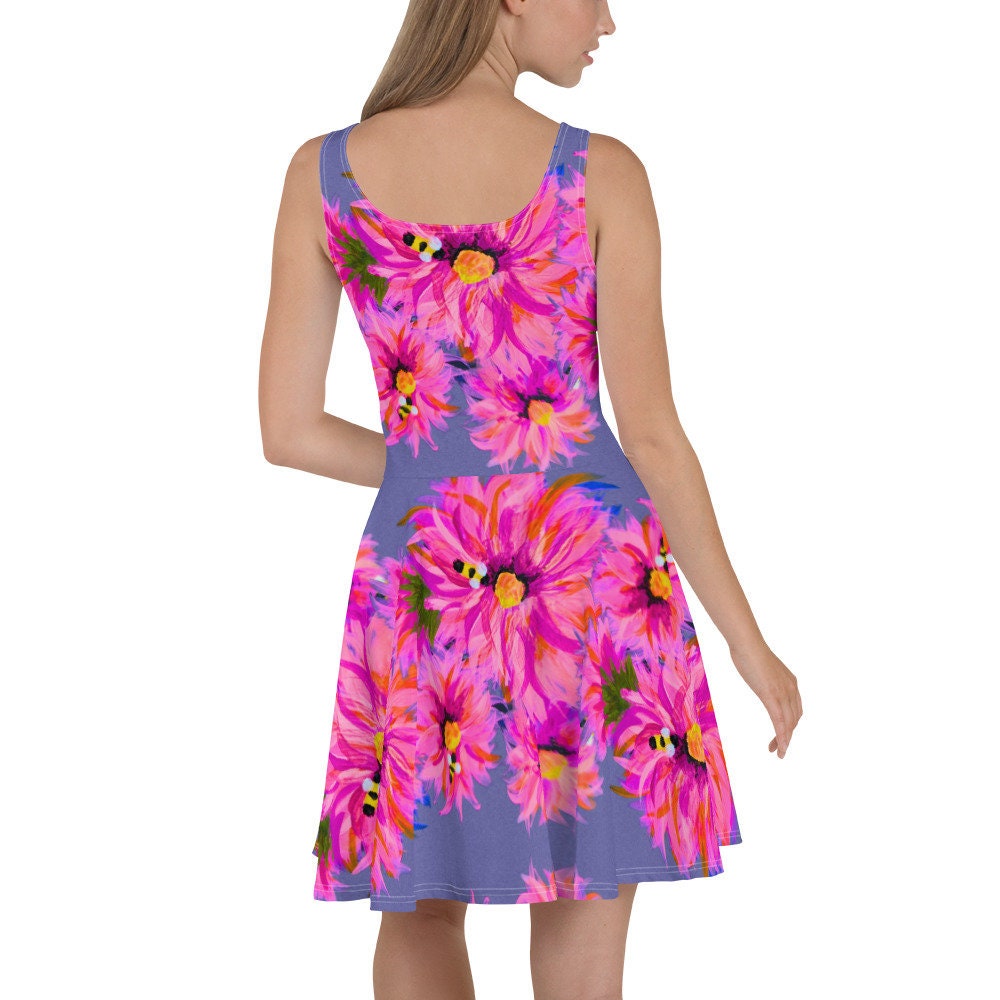 Fluffy Pink on Gray Floral Sleeveless Skater Dress, Casual Spring Outfits, Botanical Secretary Dress
