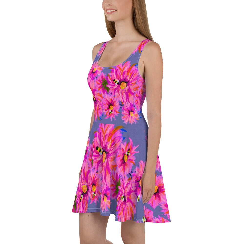 Fluffy Pink on Gray Floral Sleeveless Skater Dress, Casual Spring Outfits, Botanical Secretary Dress