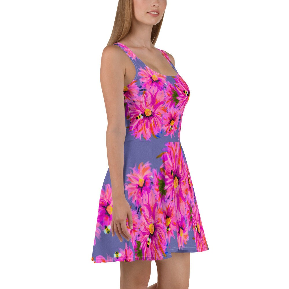 Fluffy Pink on Gray Floral Sleeveless Skater Dress, Casual Spring Outfits, Botanical Secretary Dress