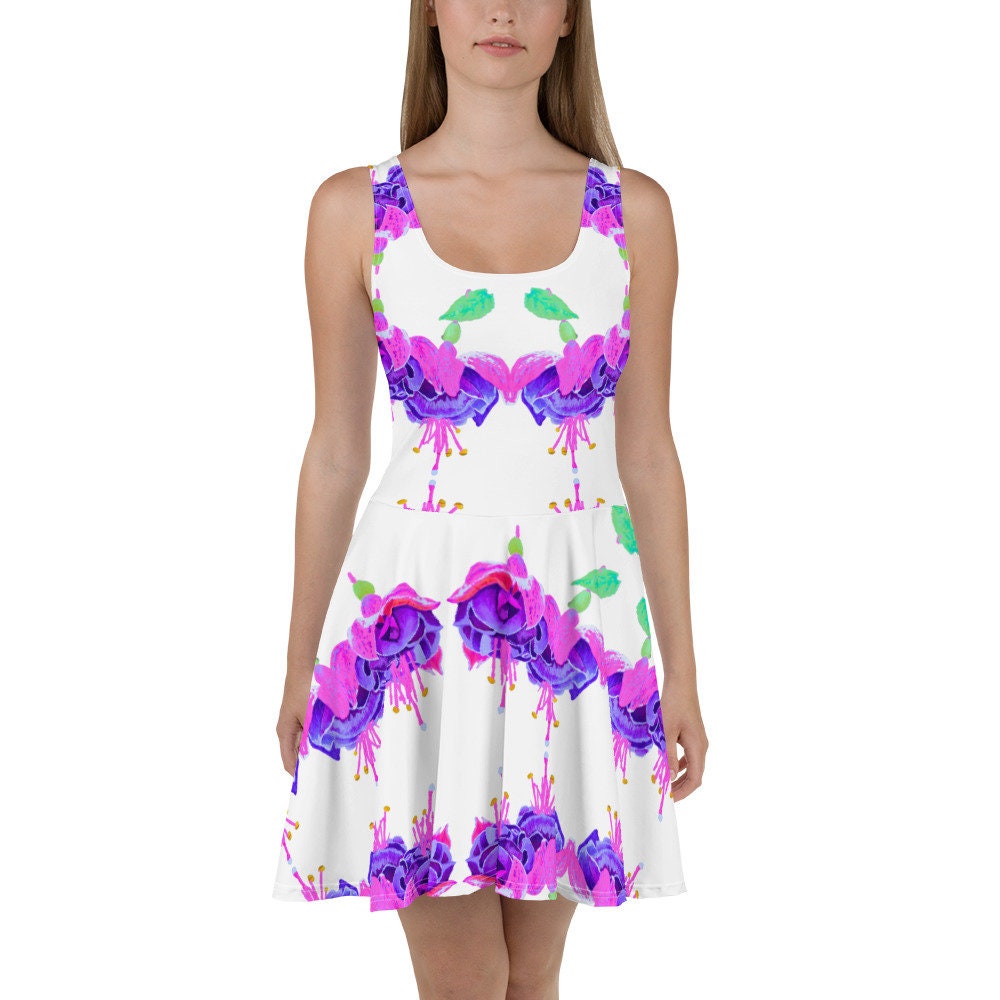 Fuscia Flower Casual Spring Outfit, Botanical Sleeveless Skater Dress, Bright Secretary Dress