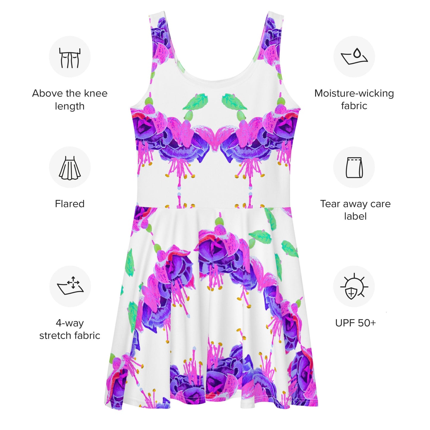 Fuscia Flower Casual Spring Outfit, Botanical Sleeveless Skater Dress, Bright Secretary Dress