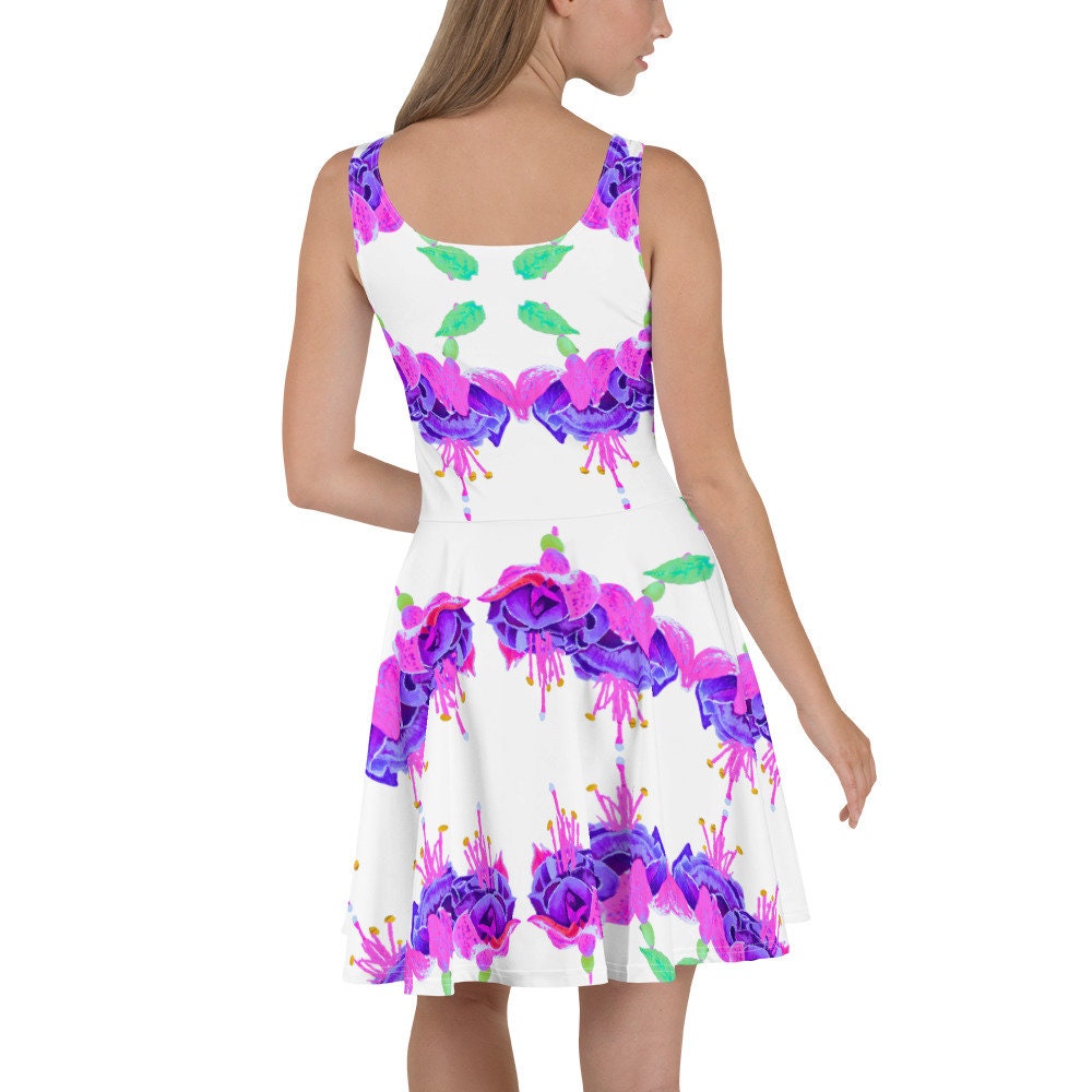 Fuscia Flower Casual Spring Outfit, Botanical Sleeveless Skater Dress, Bright Secretary Dress