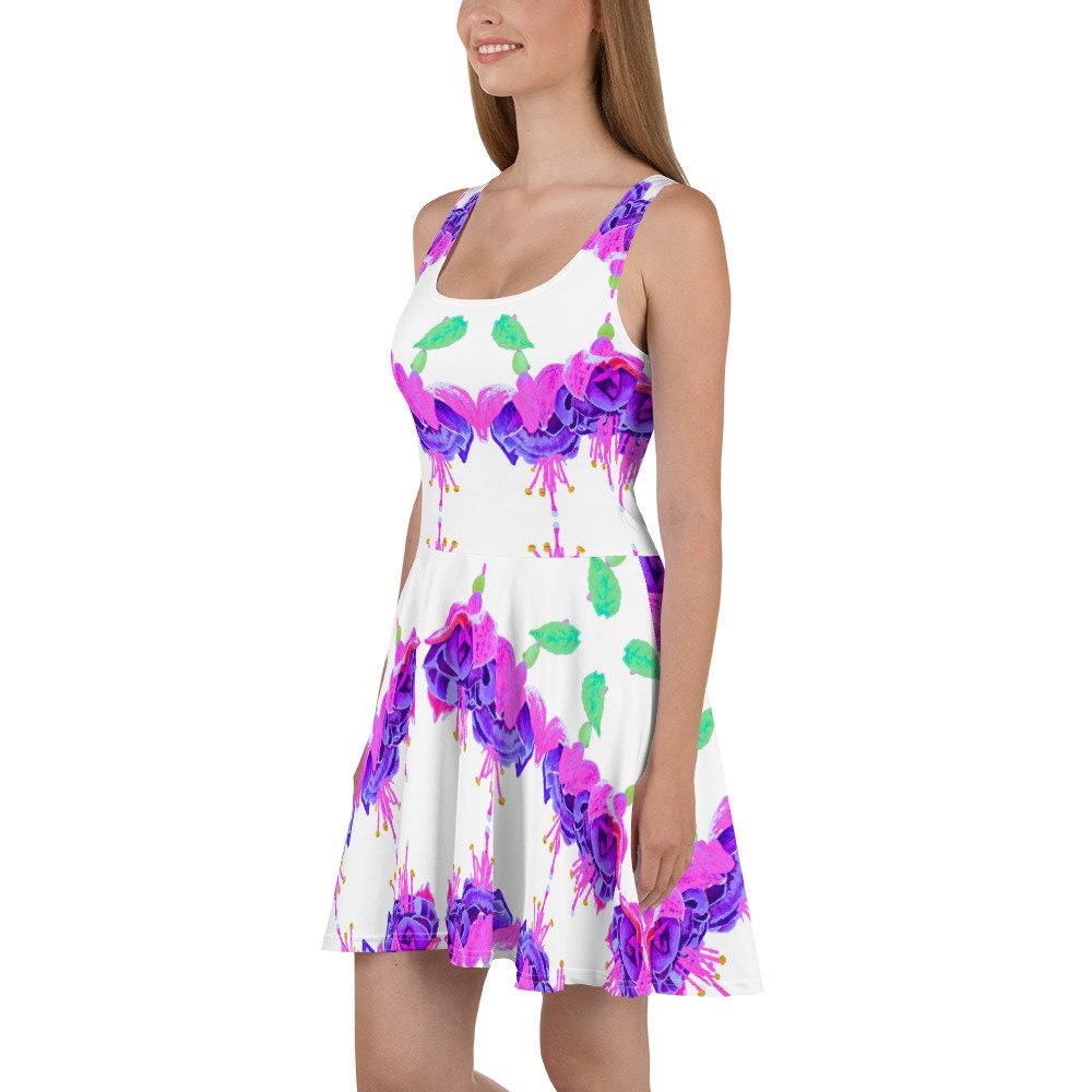 Fuscia Flower Casual Spring Outfit, Botanical Sleeveless Skater Dress, Bright Secretary Dress