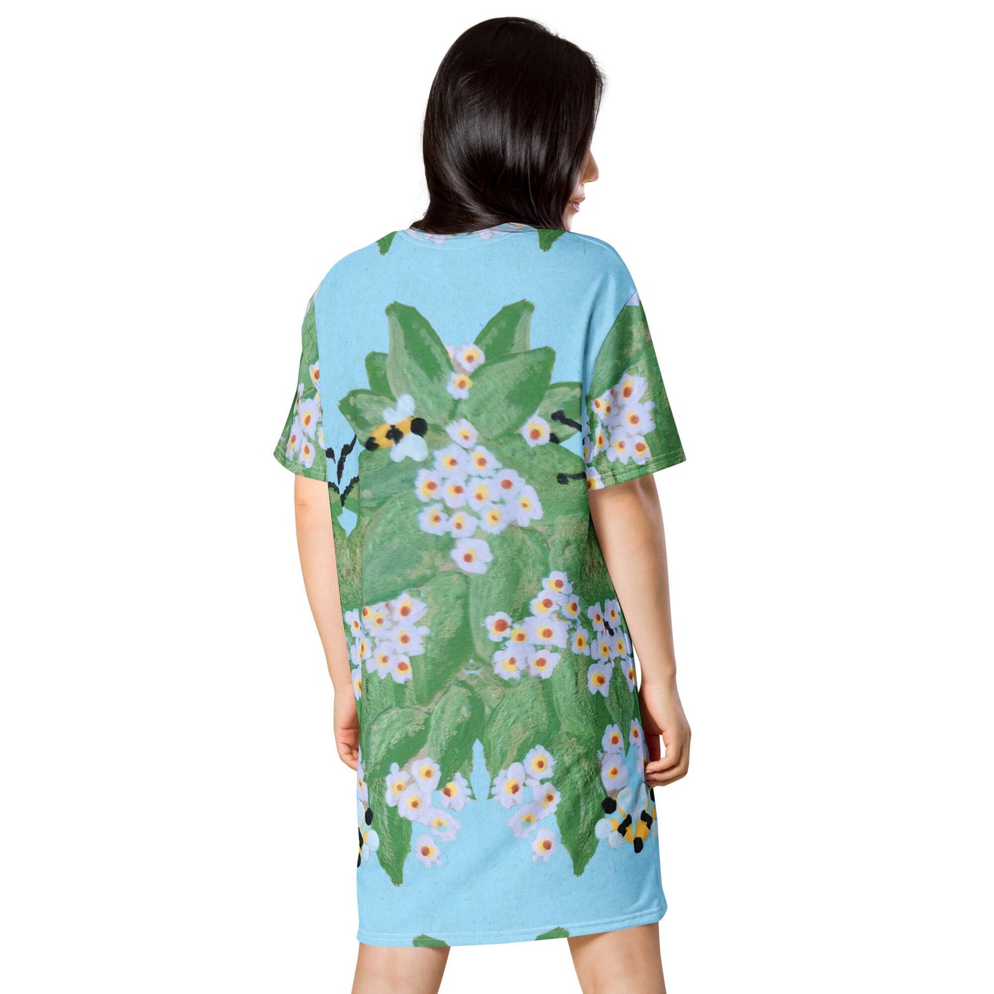 Floral Bees on Light Blue T-shirt Dress, Casual Botanical Spring Outfit, Colorful Nightgown
