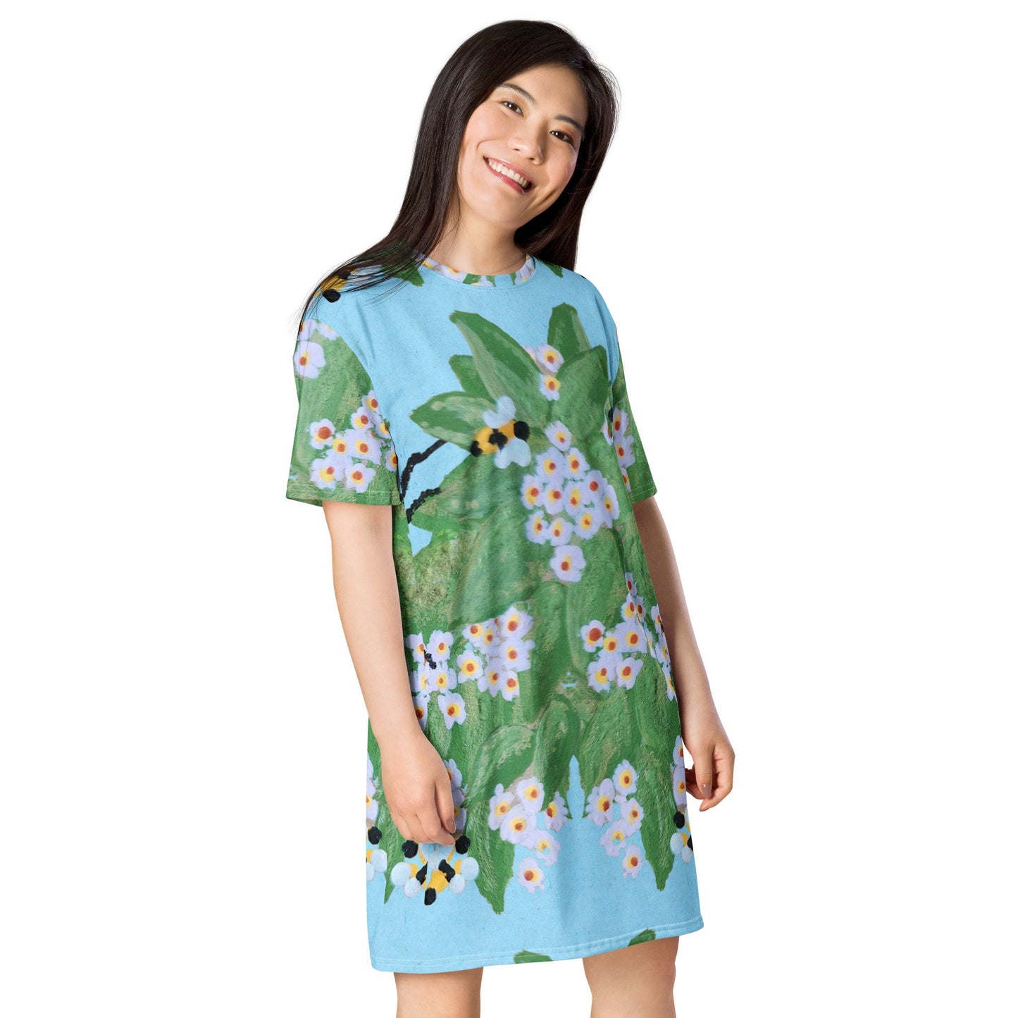 Floral Bees on Light Blue T-shirt Dress, Casual Botanical Spring Outfit, Colorful Nightgown