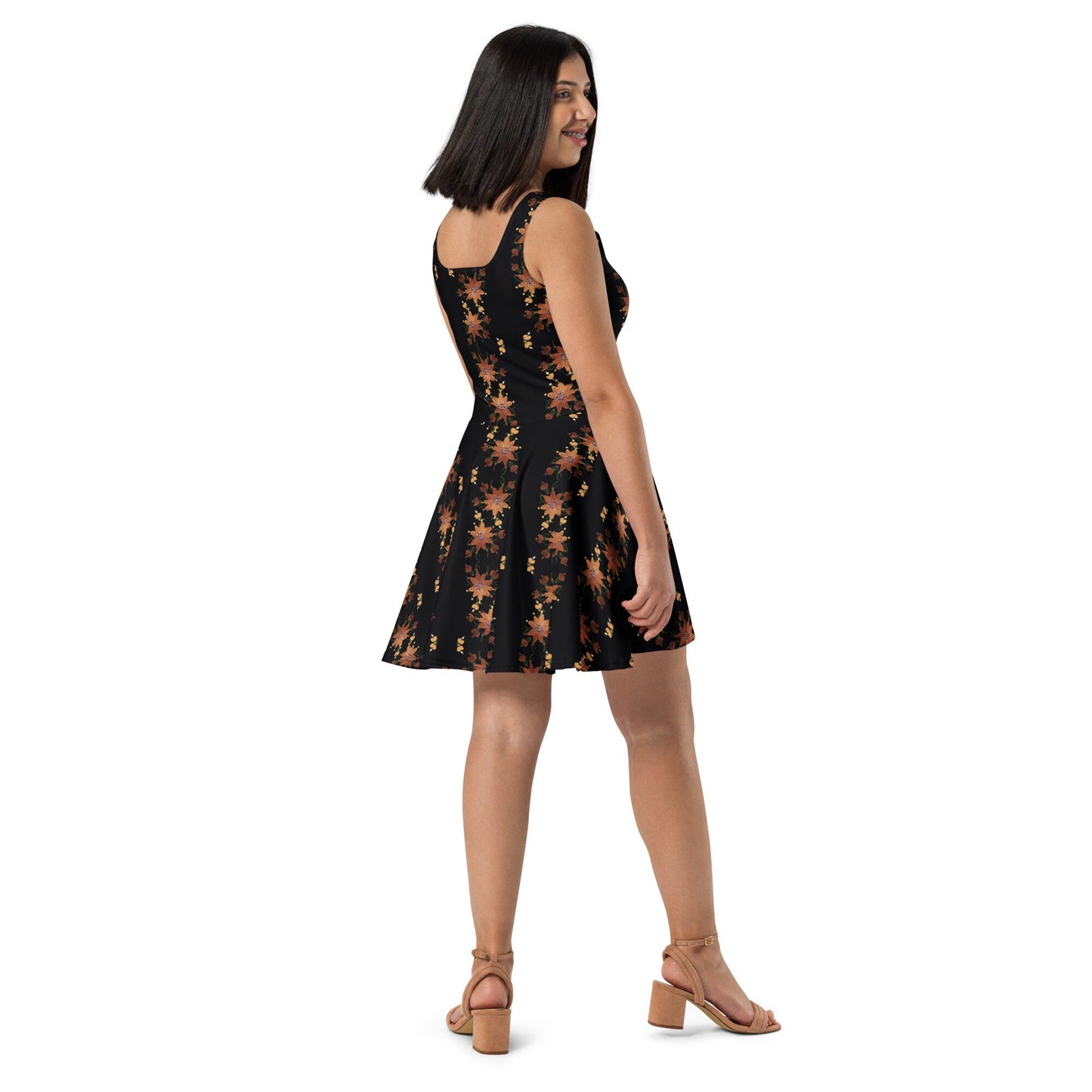 Gold Flower Skater Dress, Little Black Cocktail Dress, Oversized Casual Spring Outfit, Decorative Floral Apparel