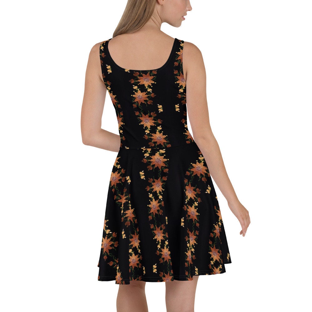 Gold Flower Skater Dress, Little Black Cocktail Dress, Oversized Casual Spring Outfit, Decorative Floral Apparel