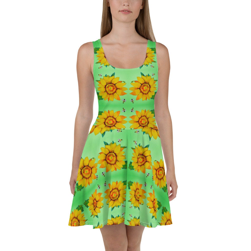 Casual Spring Sunflower Sundress, Trending Plus Size Skater Dress, Colorful Floral Secretary Outfit