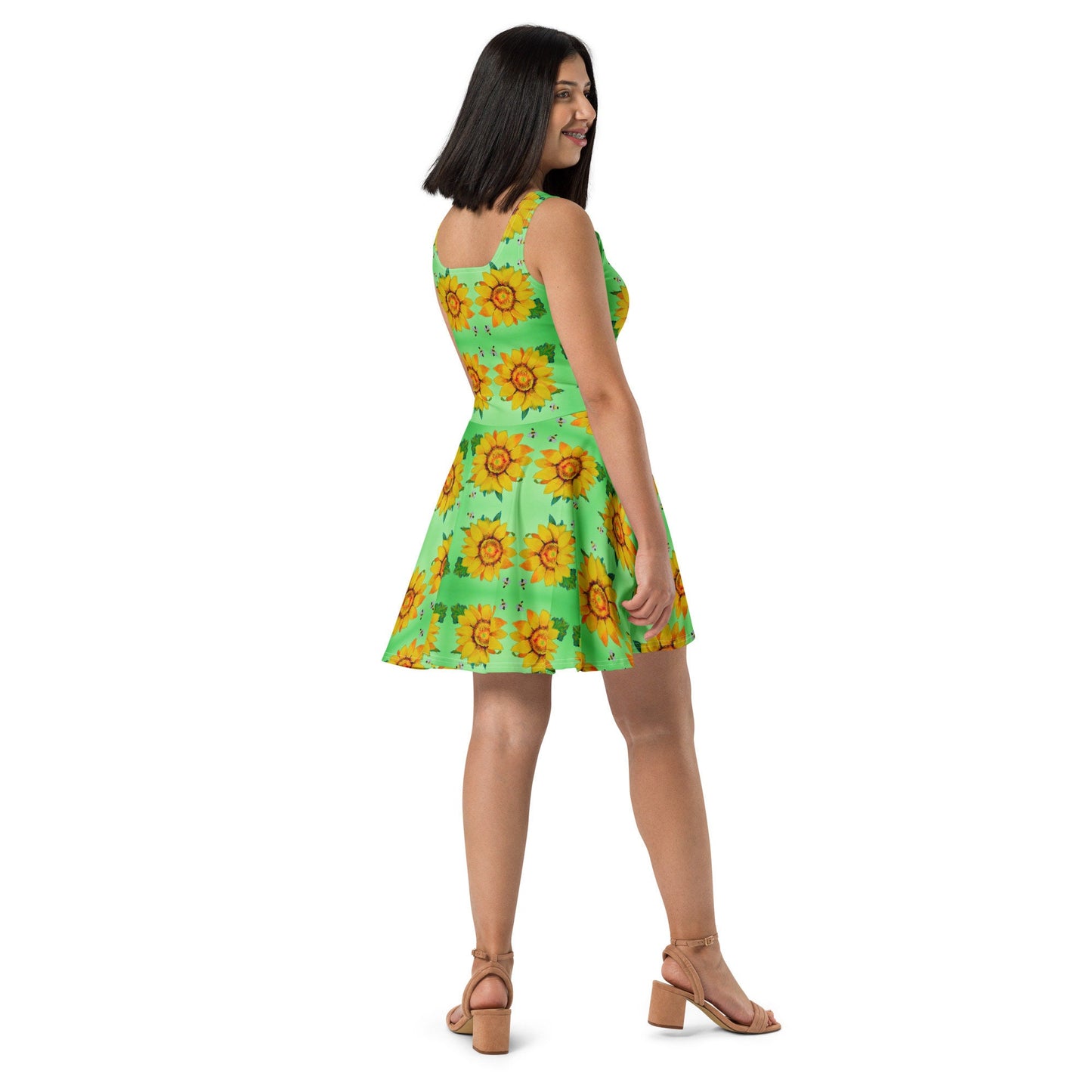 Casual Spring Sunflower Sundress, Trending Plus Size Skater Dress, Colorful Floral Secretary Outfit