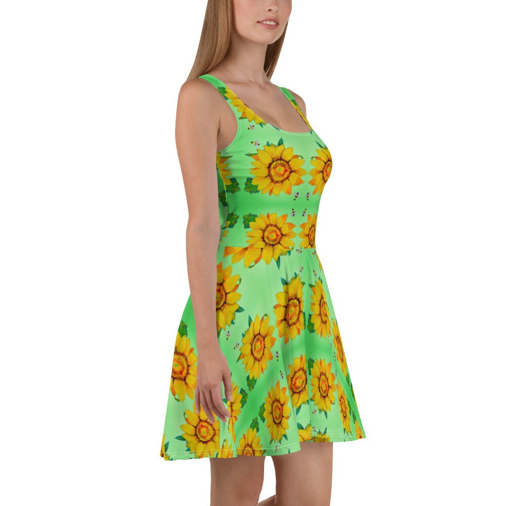 Casual Spring Sunflower Sundress, Trending Plus Size Skater Dress, Colorful Floral Secretary Outfit