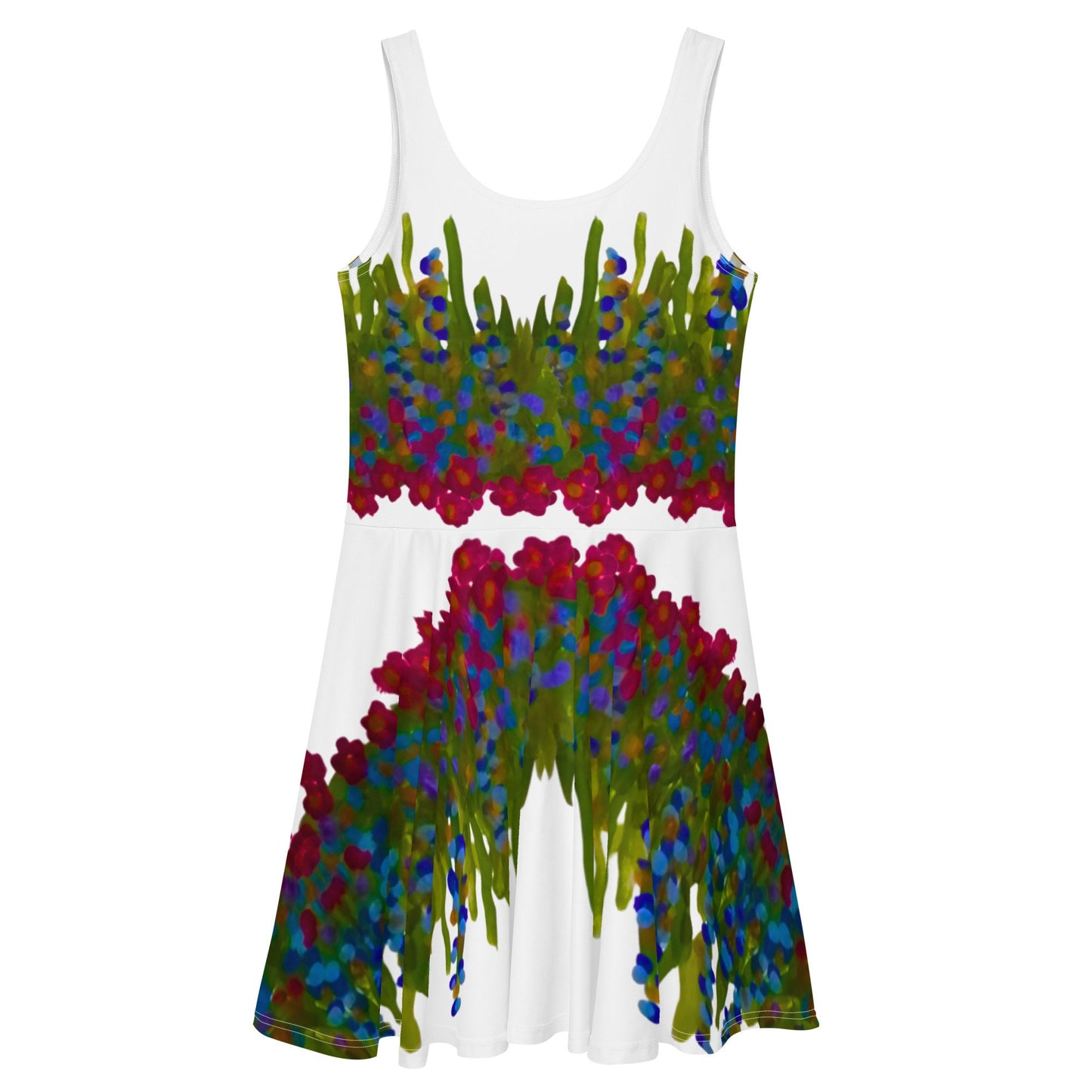 Botanical Sleeveless Skater Dress, Casual Spring Floral Secretary Outfit, Trending Colorful Plus Size Sundress