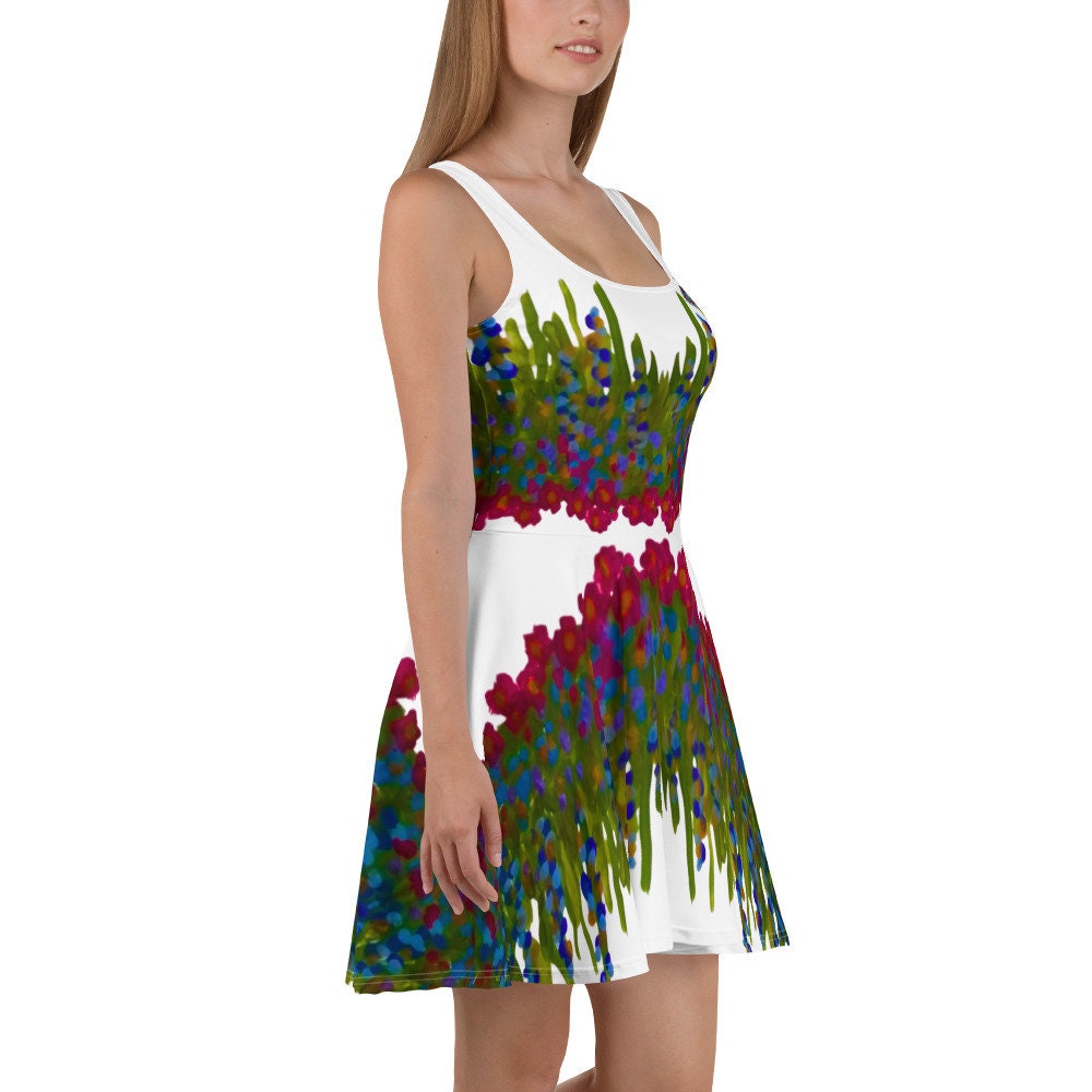 Botanical Sleeveless Skater Dress, Casual Spring Floral Secretary Outfit, Trending Colorful Plus Size Sundress