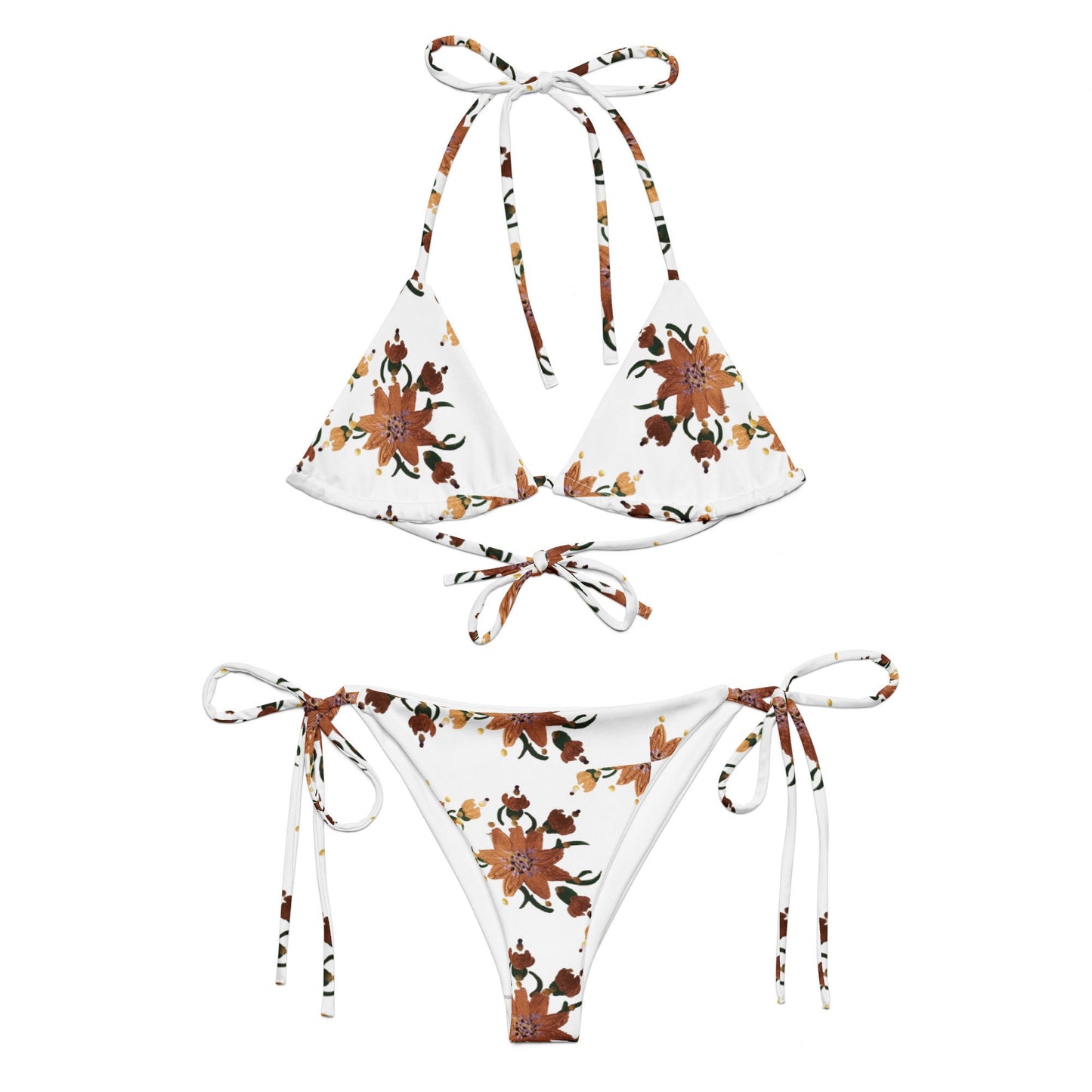 Gold Floral String Bikini, Ladies Retro Swimwear, Plus Size Beach Swimsuit