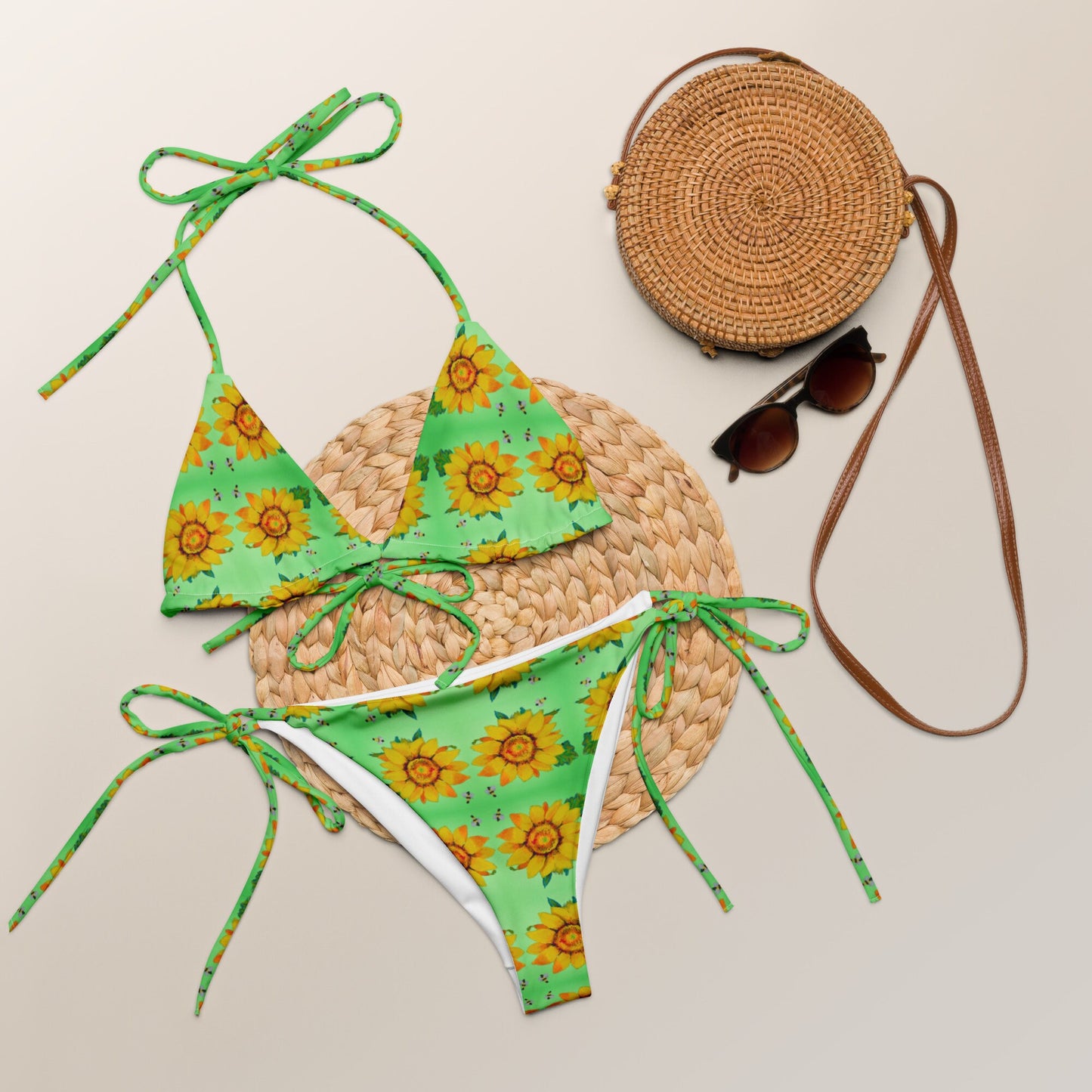 Sunflower Pattern String Bikini, Floral Beach Retro Swimwear, Festival Rave Plus Size Bathing Suit