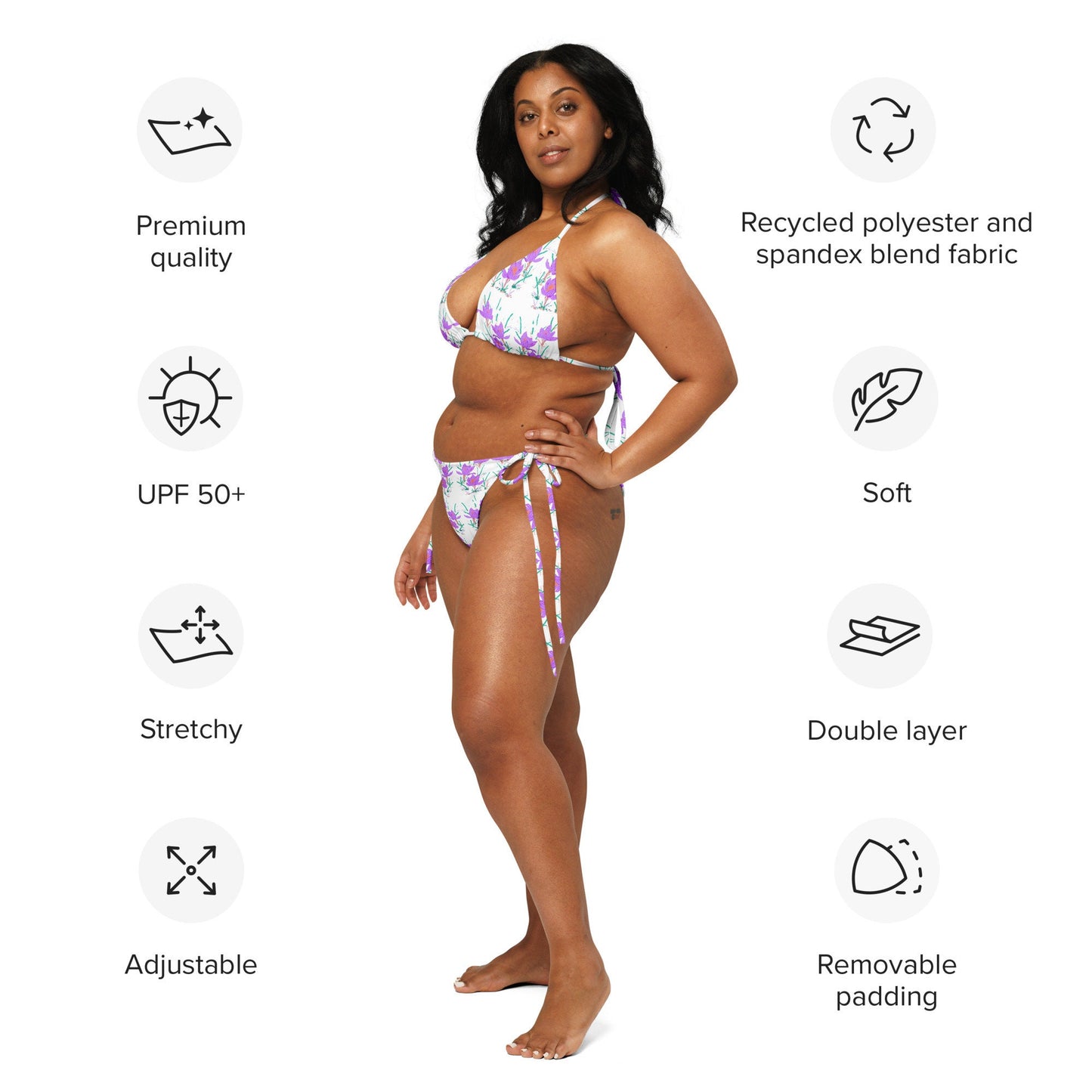 Crocus Flower Botanical String Bikini, Vintage Beach Bathing Suit, Plus Size Ladies Swimwear