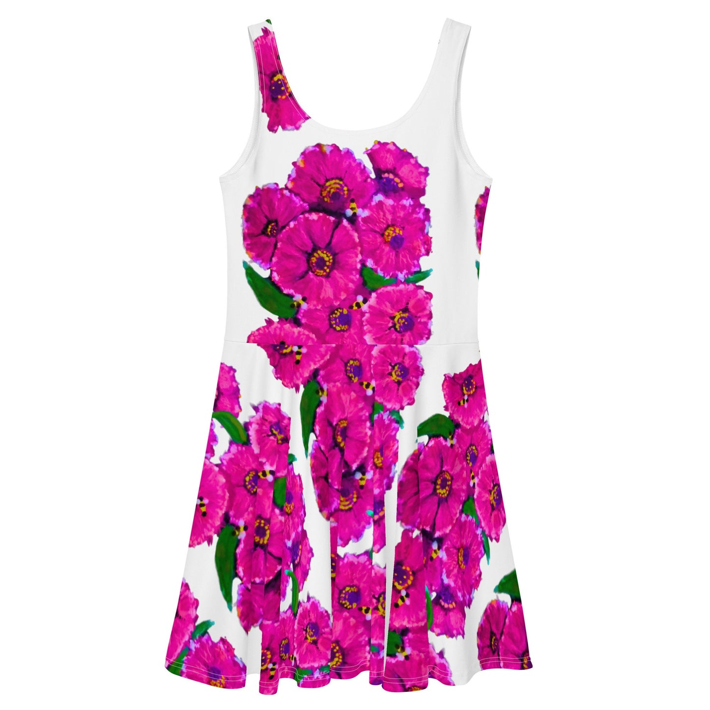 Bright Pink Floral Sleeveless Sundress, Spring Secretary Casual Outfit, Colorful Botanical Skater Dress