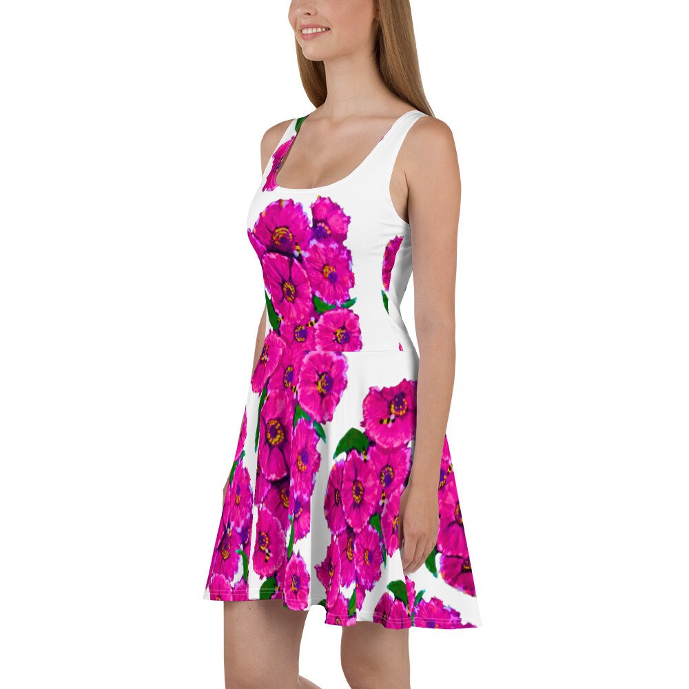 Bright Pink Floral Sleeveless Sundress, Spring Secretary Casual Outfit, Colorful Botanical Skater Dress