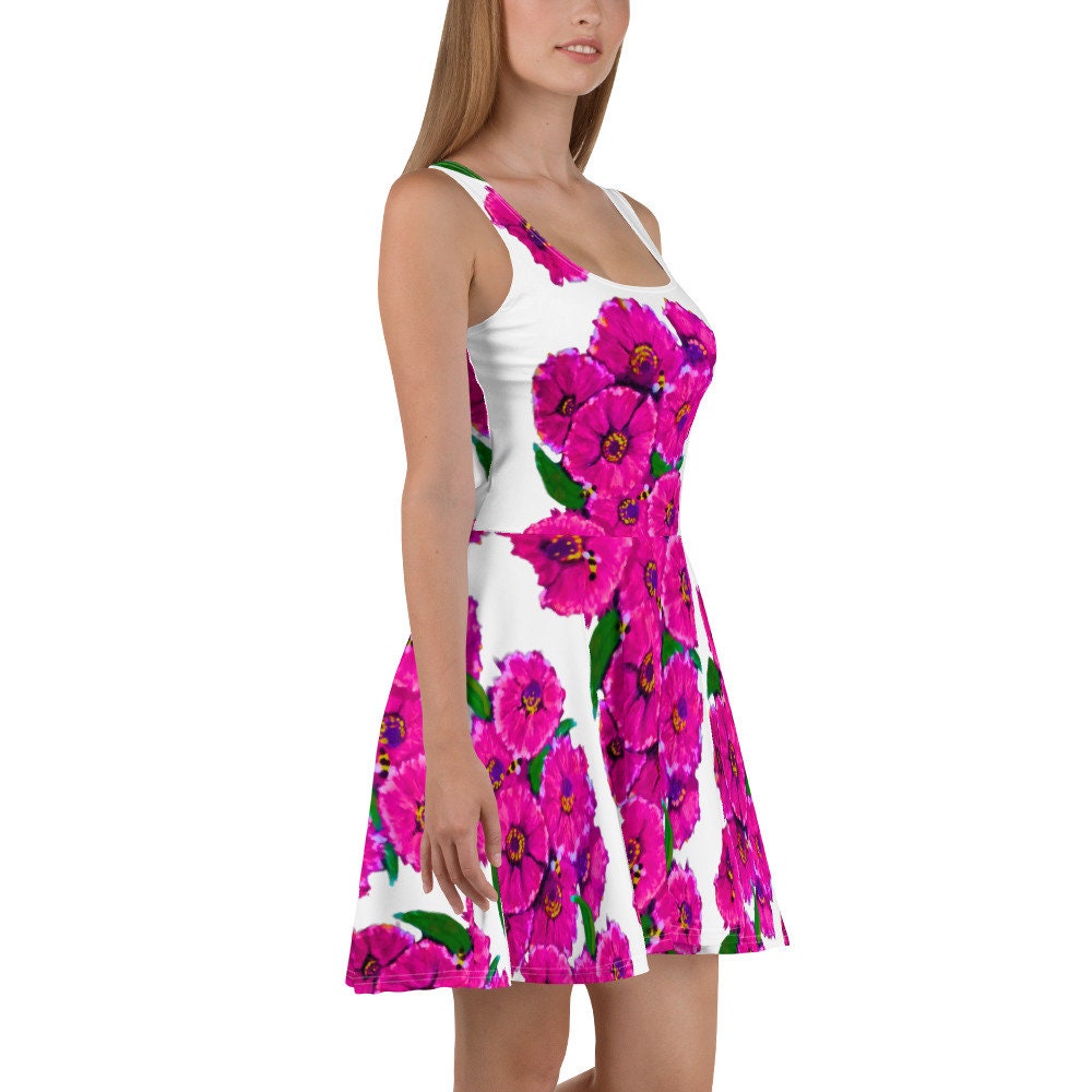 Bright Pink Floral Sleeveless Sundress, Spring Secretary Casual Outfit, Colorful Botanical Skater Dress