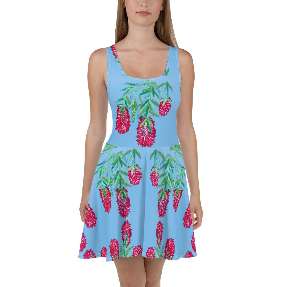 Red Weeping Bottle Brush Skater Dress, Sleeveless Casual Secretary Outfit, Trending Plus Size Sundress