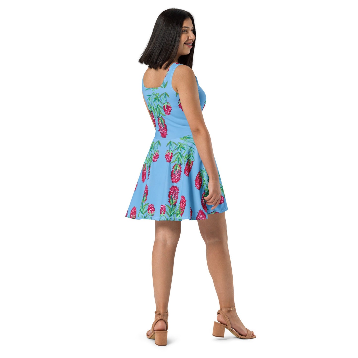 Red Weeping Bottle Brush Skater Dress, Sleeveless Casual Secretary Outfit, Trending Plus Size Sundress