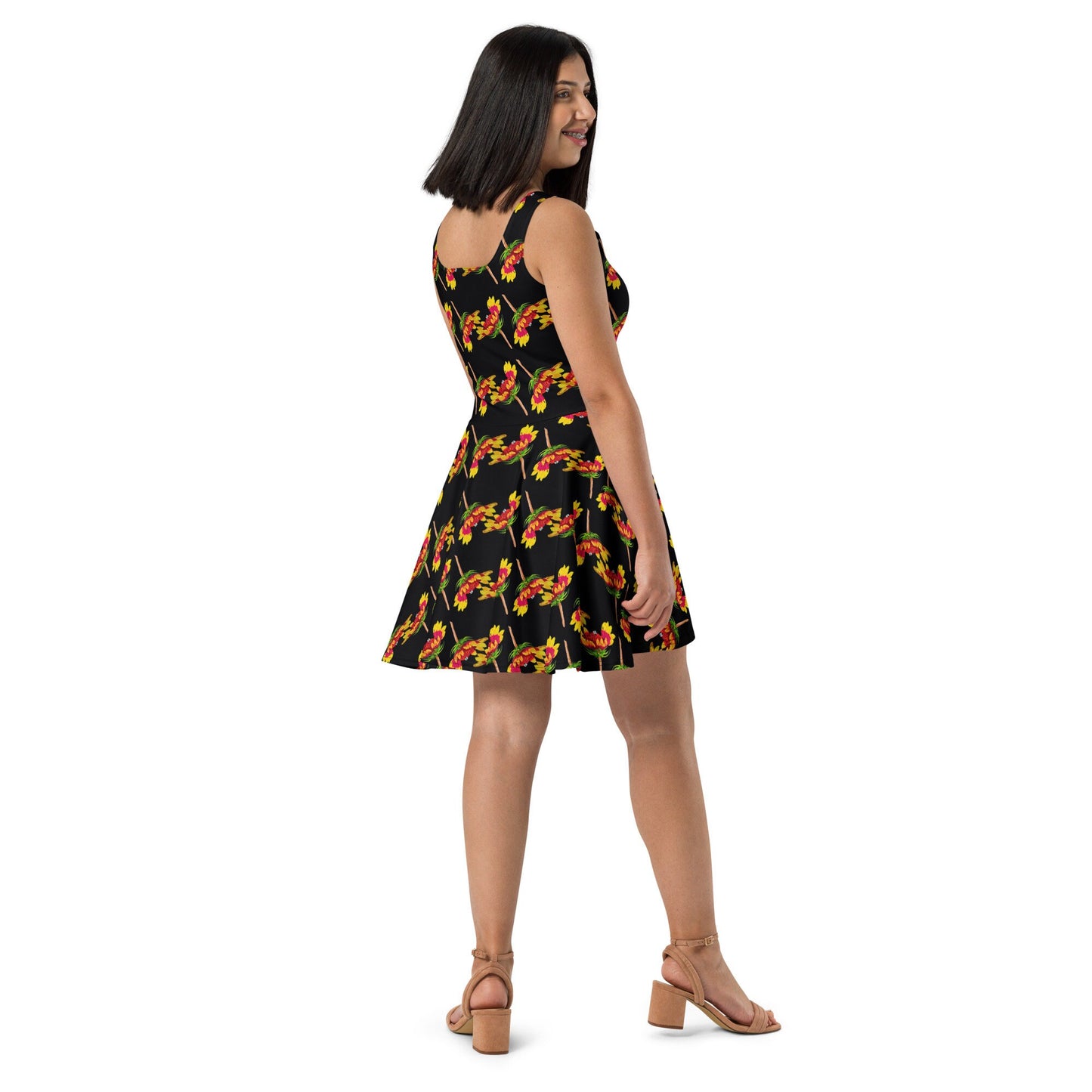 Botanical Black Floral Skater Dress, Casual Spring Club Dress, Trending Colorful Plus Size Sundress