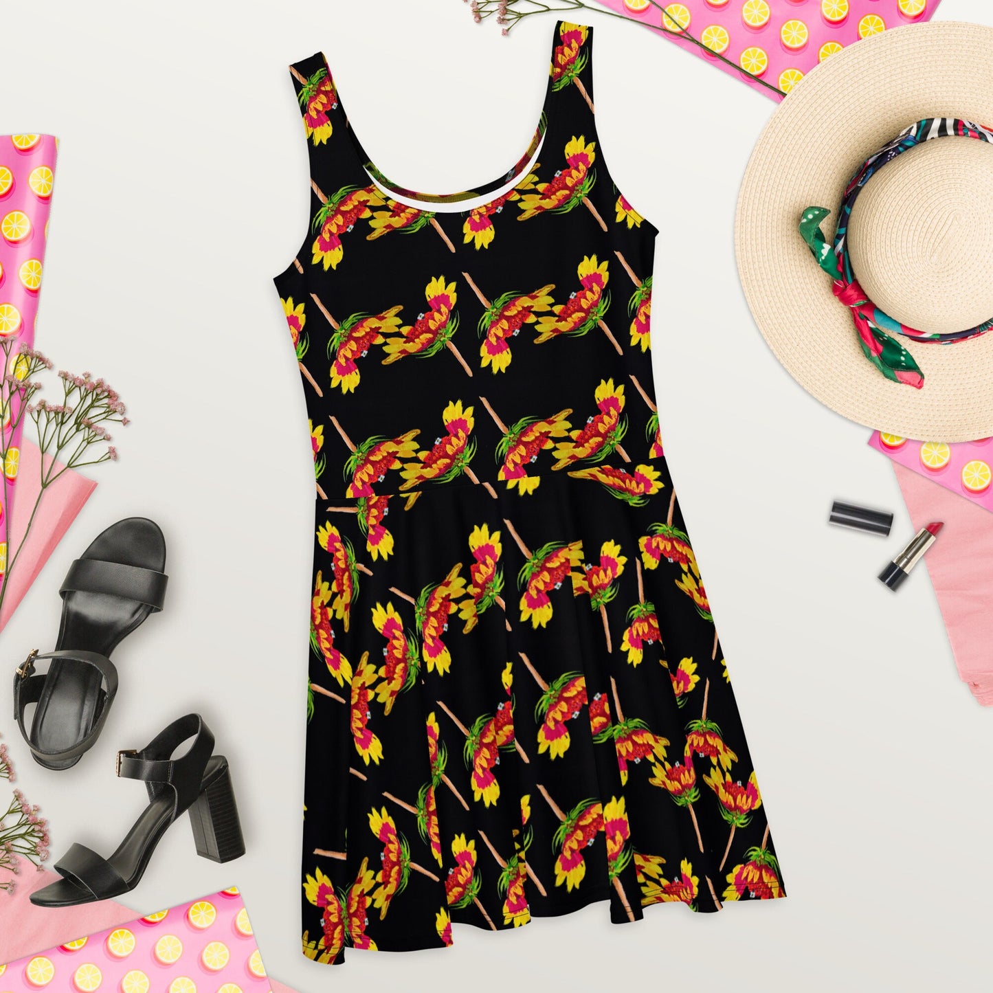 Botanical Black Floral Skater Dress, Casual Spring Club Dress, Trending Colorful Plus Size Sundress
