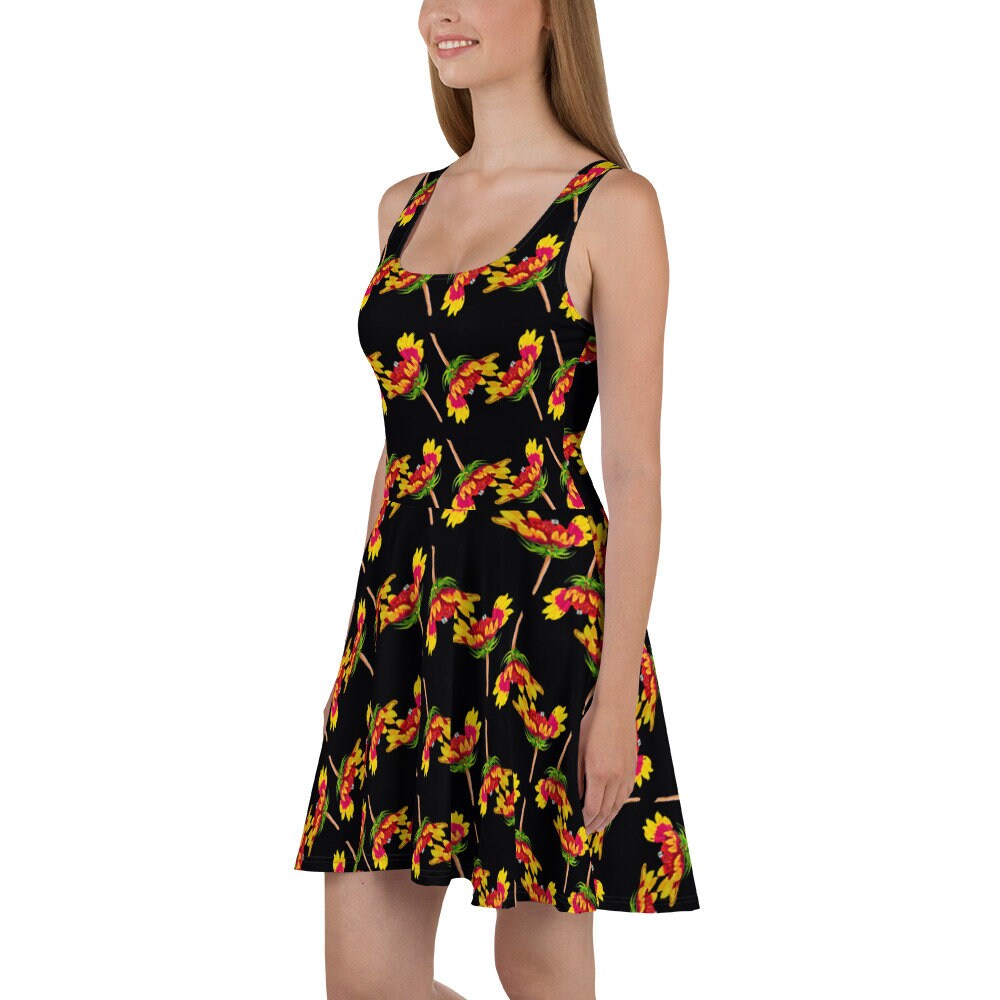 Botanical Black Floral Skater Dress, Casual Spring Club Dress, Trending Colorful Plus Size Sundress