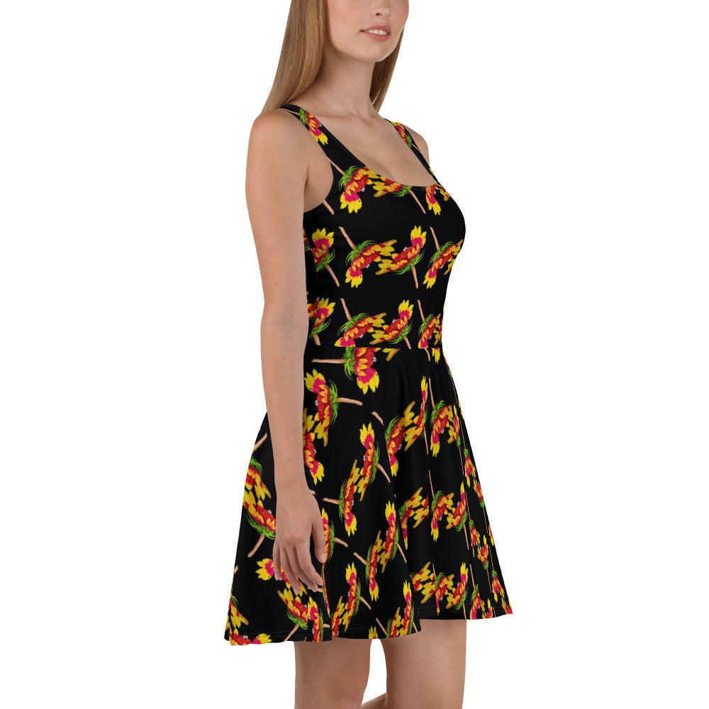 Botanical Black Floral Skater Dress, Casual Spring Club Dress, Trending Colorful Plus Size Sundress
