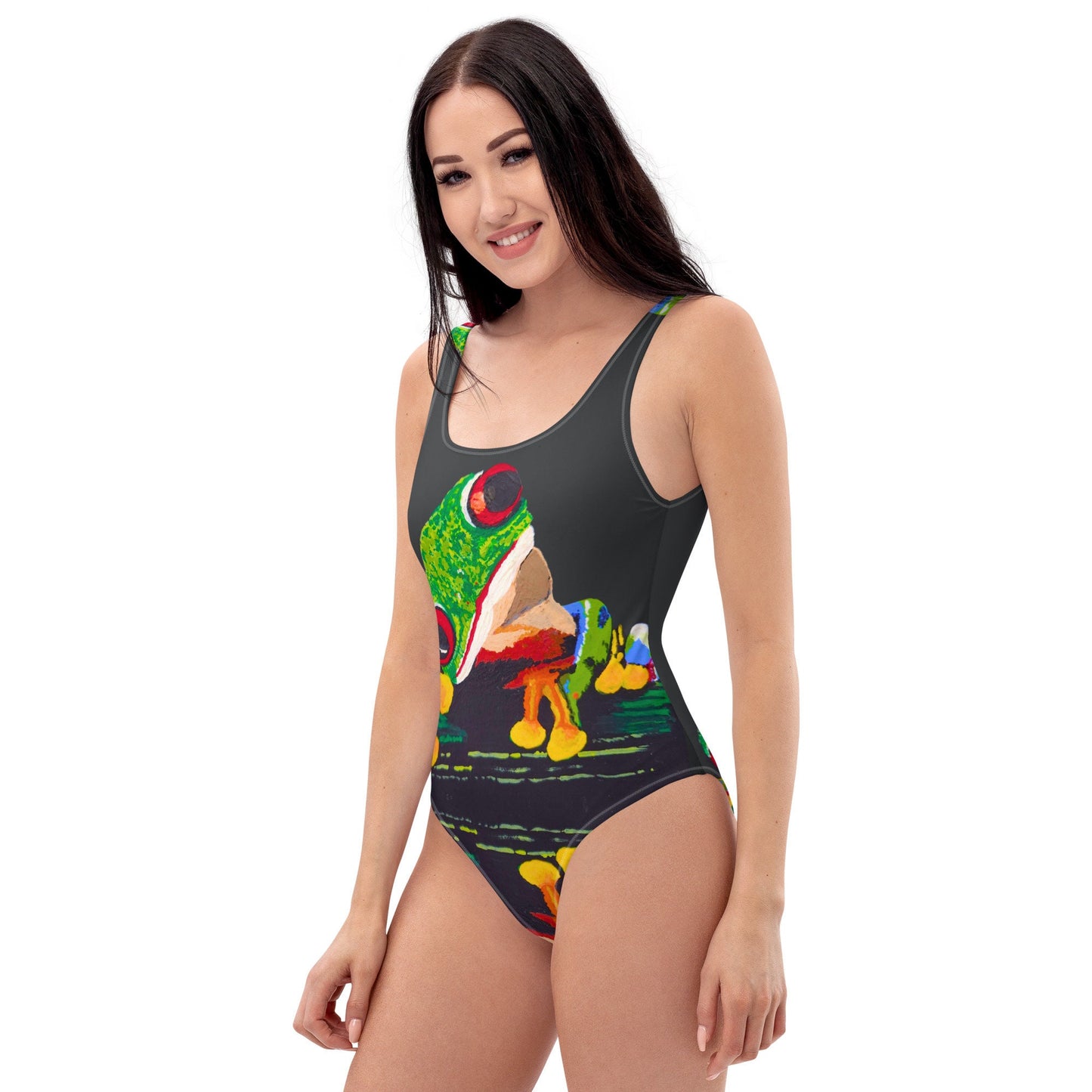 Cheeky Tree Frog One-Piece Swimsuit, Plus Size Ladies Botanical Bathing Suit, Sexy Beach Swimwear