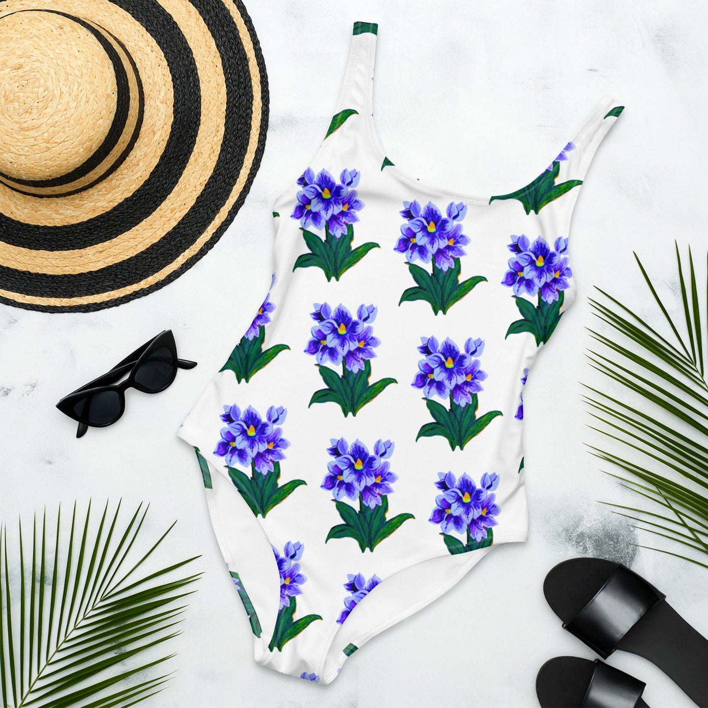 Blue Floral Pattern One-Piece Swimsuit, Botanical Plus Size Beach Swim Wear, Ladies Festival Bodysuit