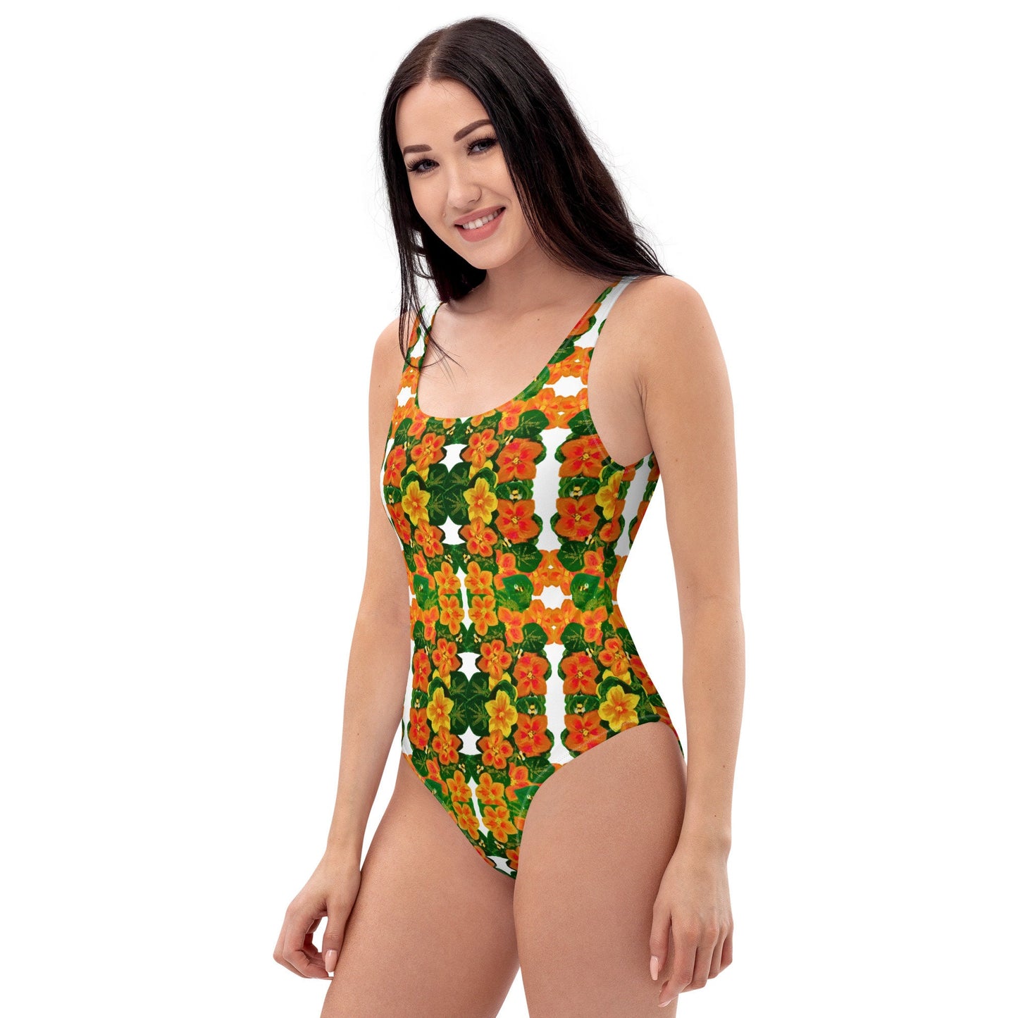 Sexy Orange Floral Pattern One-Piece Swimsuit, Plus Size Botanical Beach Swim Wear, Festival Bodysuit