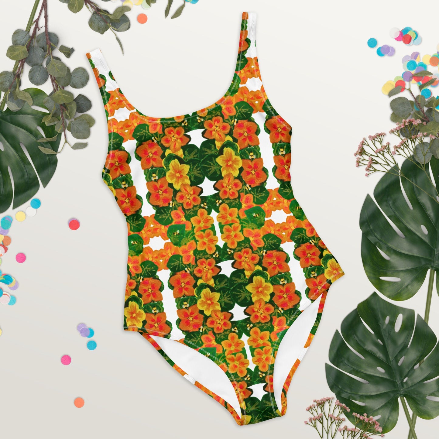 Sexy Orange Floral Pattern One-Piece Swimsuit, Plus Size Botanical Beach Swim Wear, Festival Bodysuit