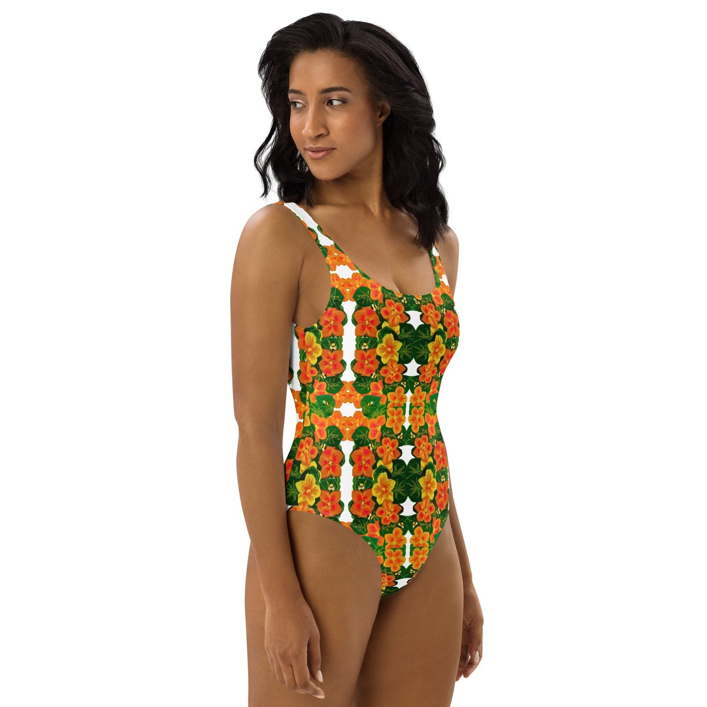 Sexy Orange Floral Pattern One-Piece Swimsuit, Plus Size Botanical Beach Swim Wear, Festival Bodysuit