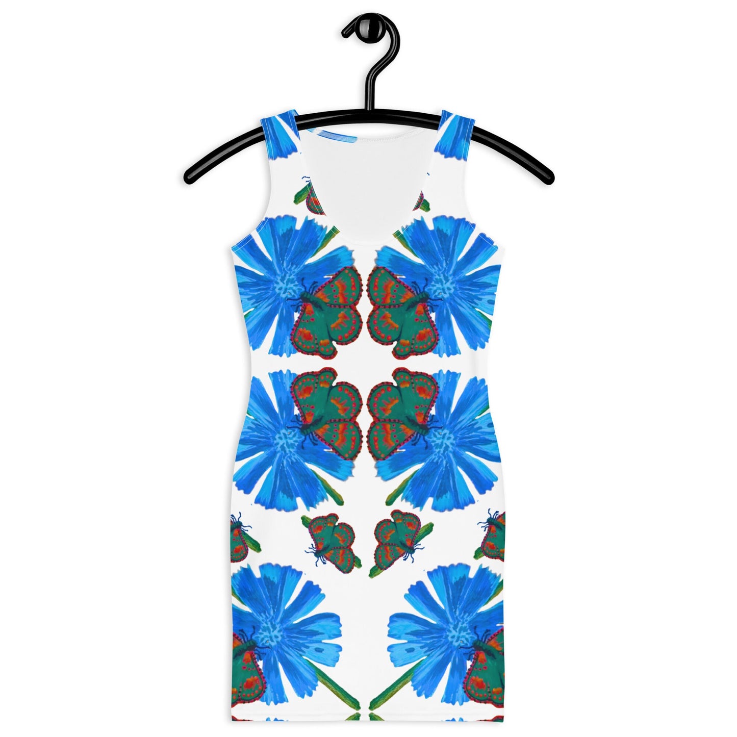 Sleeveless Floral Butterfly Bodycon Dress, Casual Spring Secretary Outfit, Colorful Tight Club Dress